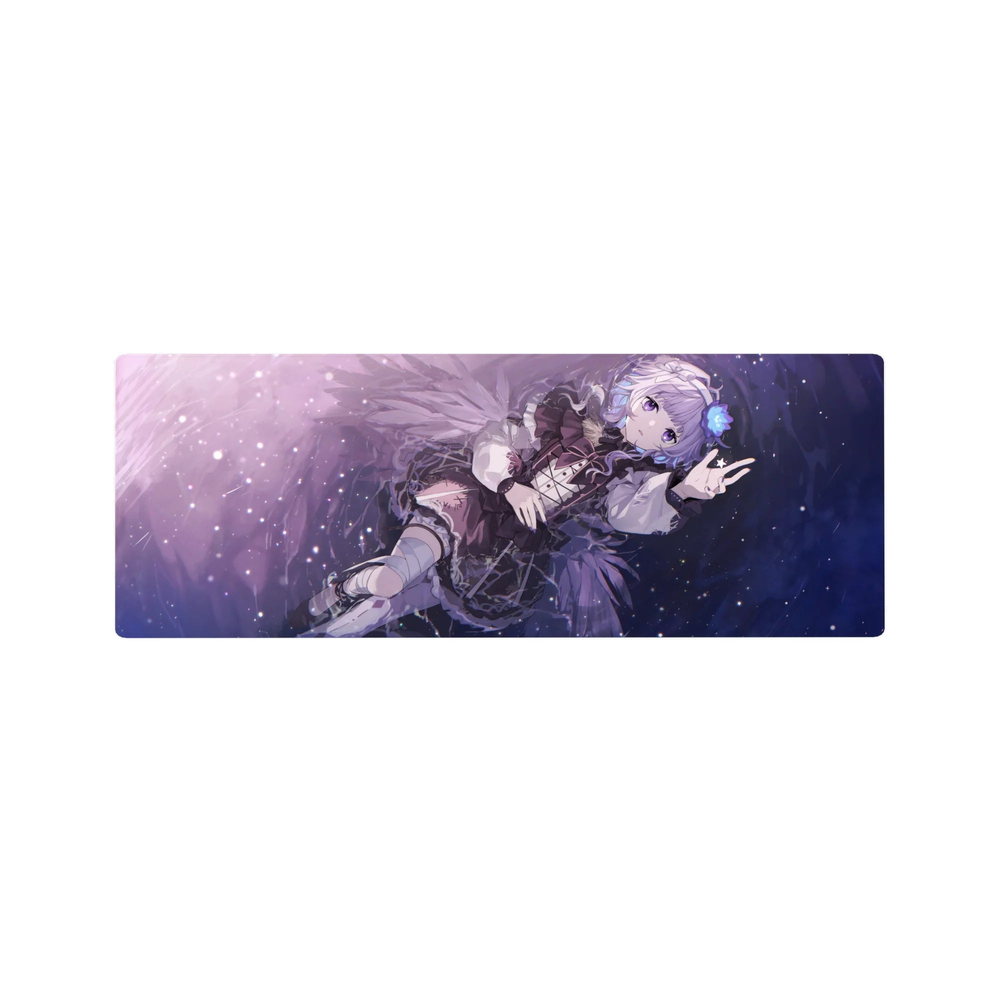 32x12 inches anime girl mouse pad with silver-haired girl, wings, corset outfit, and starry sparkles.
