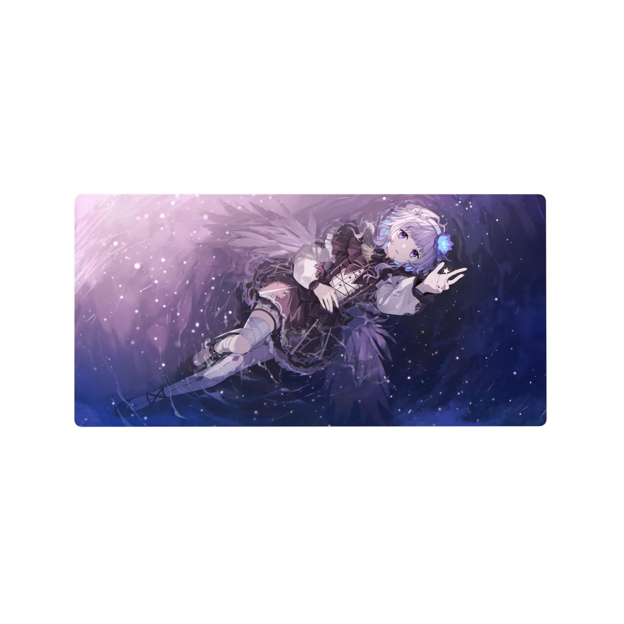 32x16 inches anime girl mouse pad with silver-haired angel, corset dress, lace ribbons, starry backdrop.