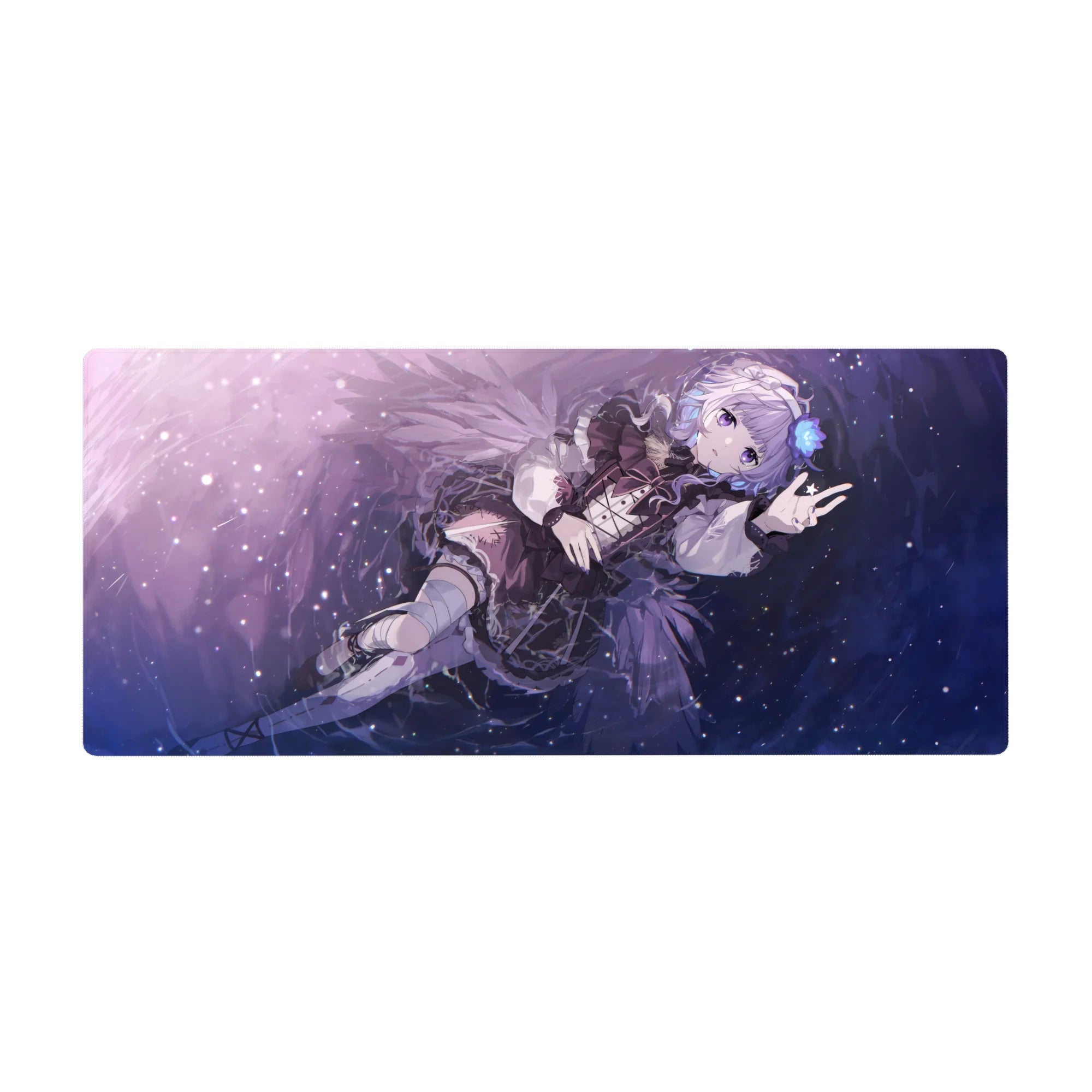 Anime girl desk pad 36x16 inches with silver-haired character, wings, frilly outfit, and sparkles.