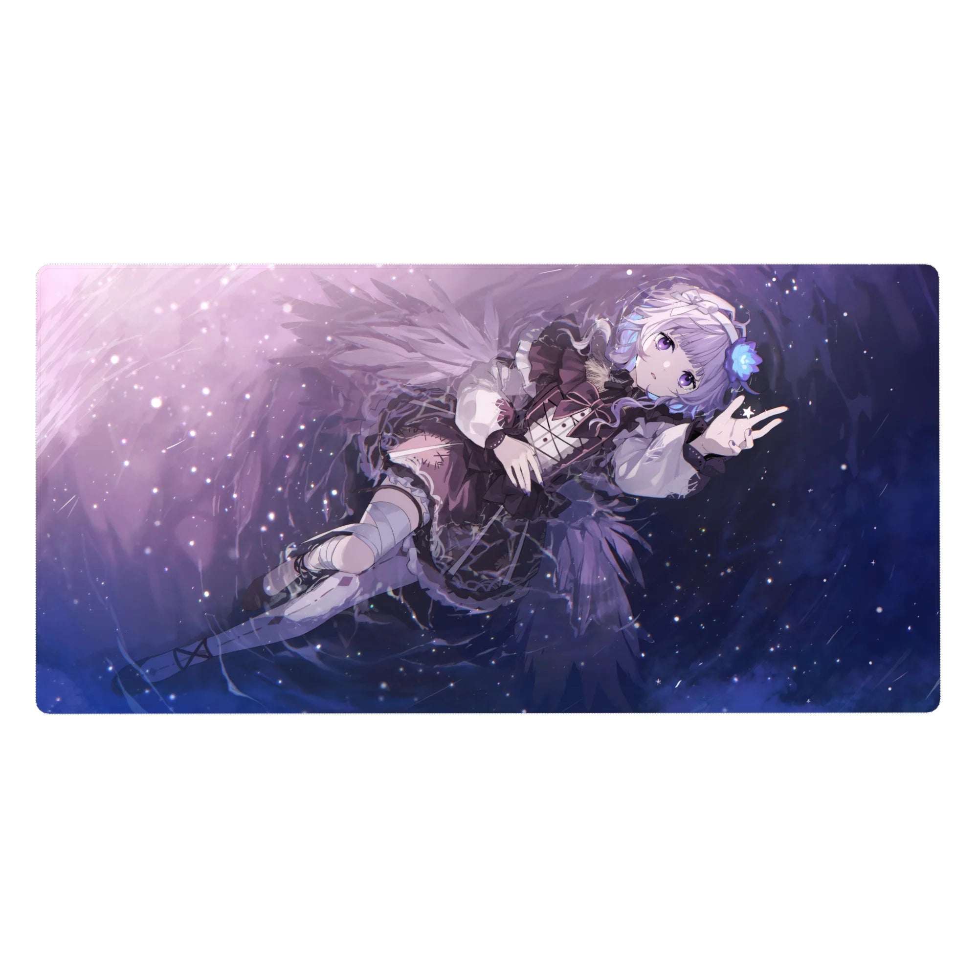 Anime girl desk pad 40x20 inches with silver-haired winged girl, corset outfit, and sparkly night sky.