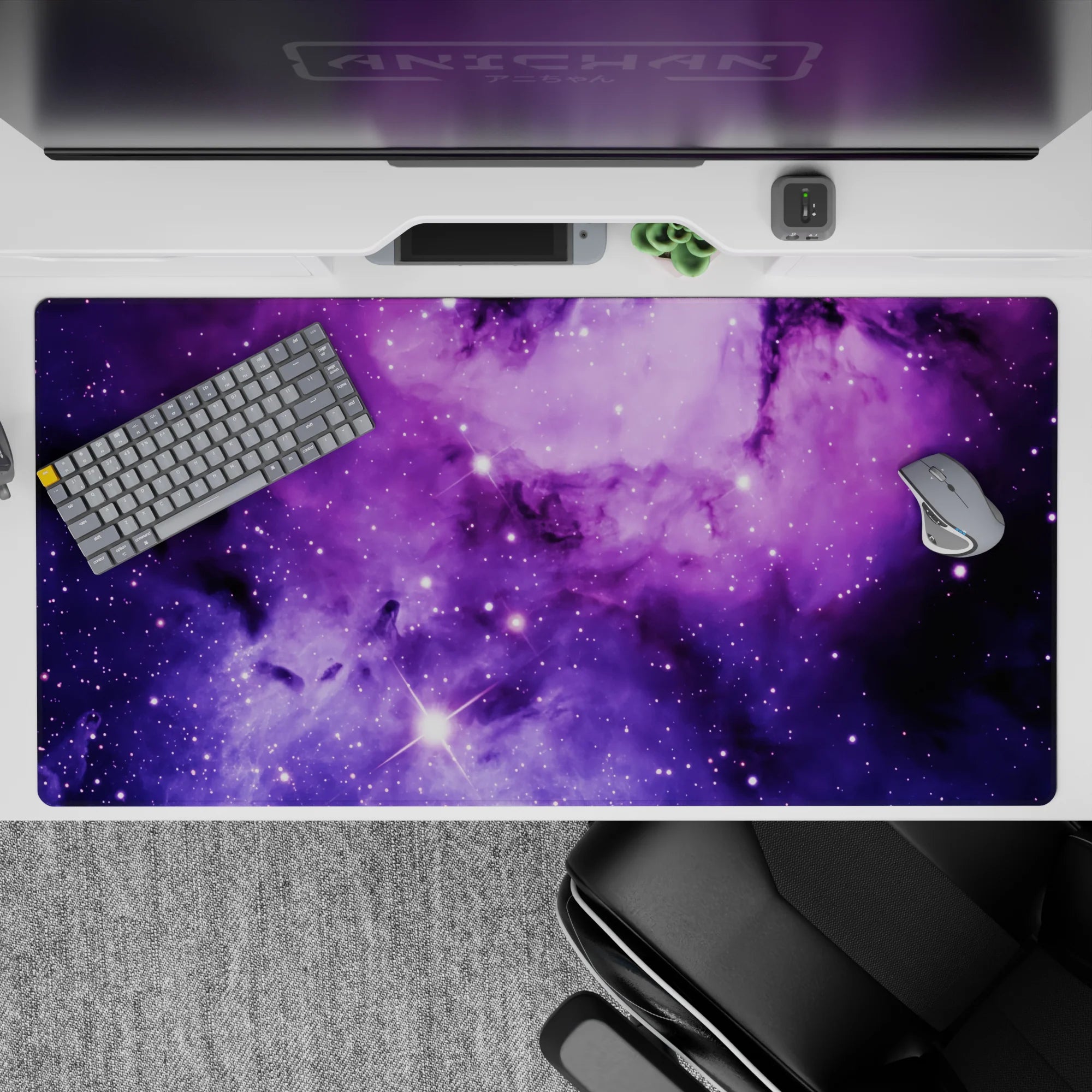 Purple nebula desk pad 40x20 inches featuring soft lavender clouds and star-specked space design.