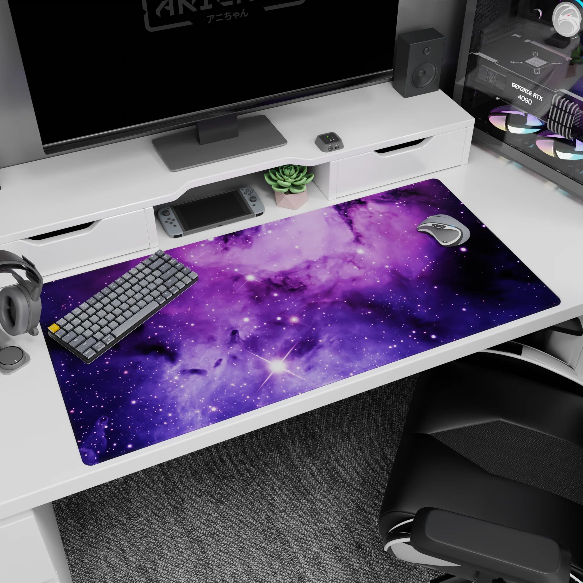 Purple nebula desk pad 40x20 inches with dreamy lavender and violet clouds creating a calm cosmic vibe.