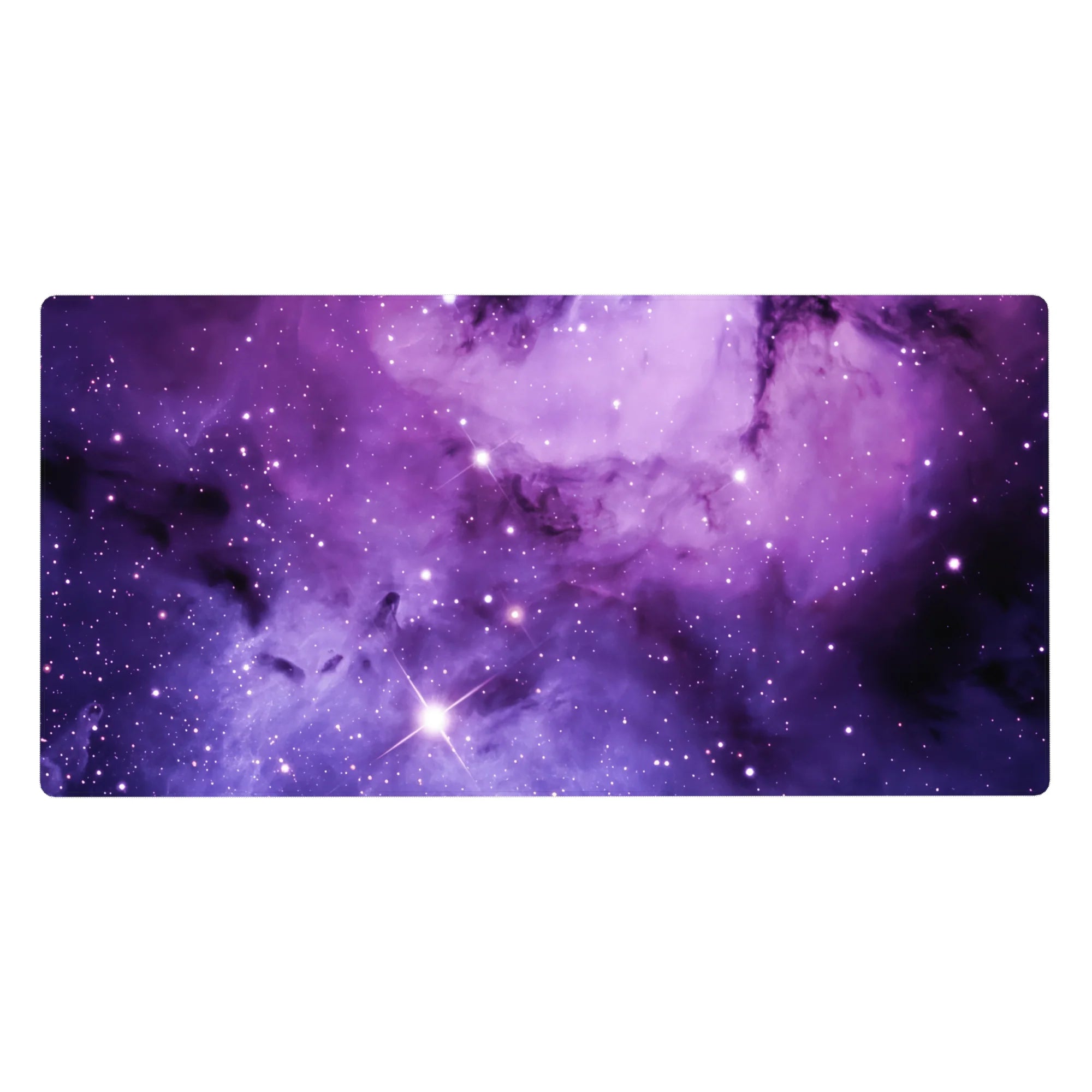 Purple nebula desk pad with soft lavender clouds and violet tones, galaxy design, size 40x20 inches.