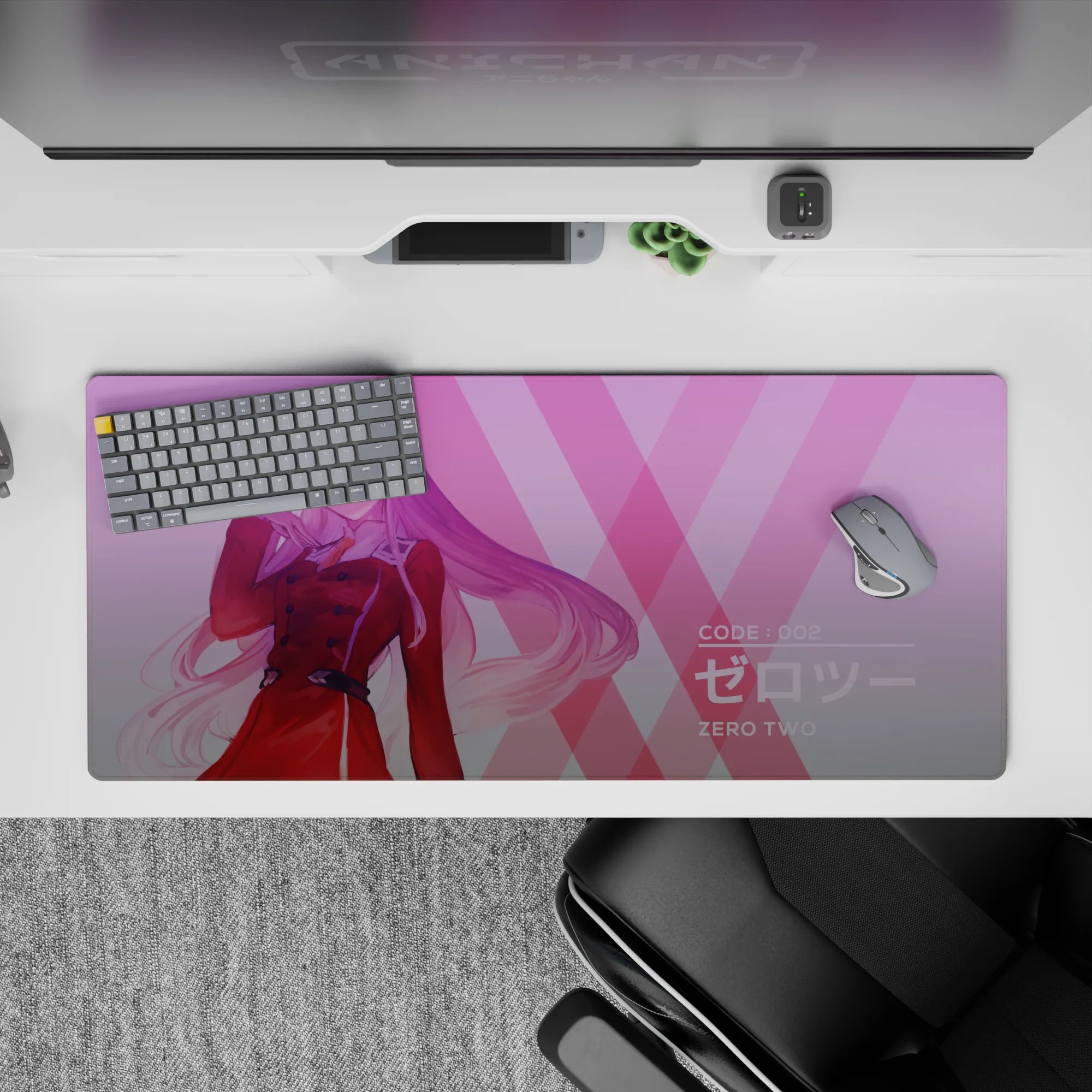 Striking 36x16 mouse pad highlights Zero Two’s charm through soft gradient transitions and bold pattern accents in stunning visual harmony