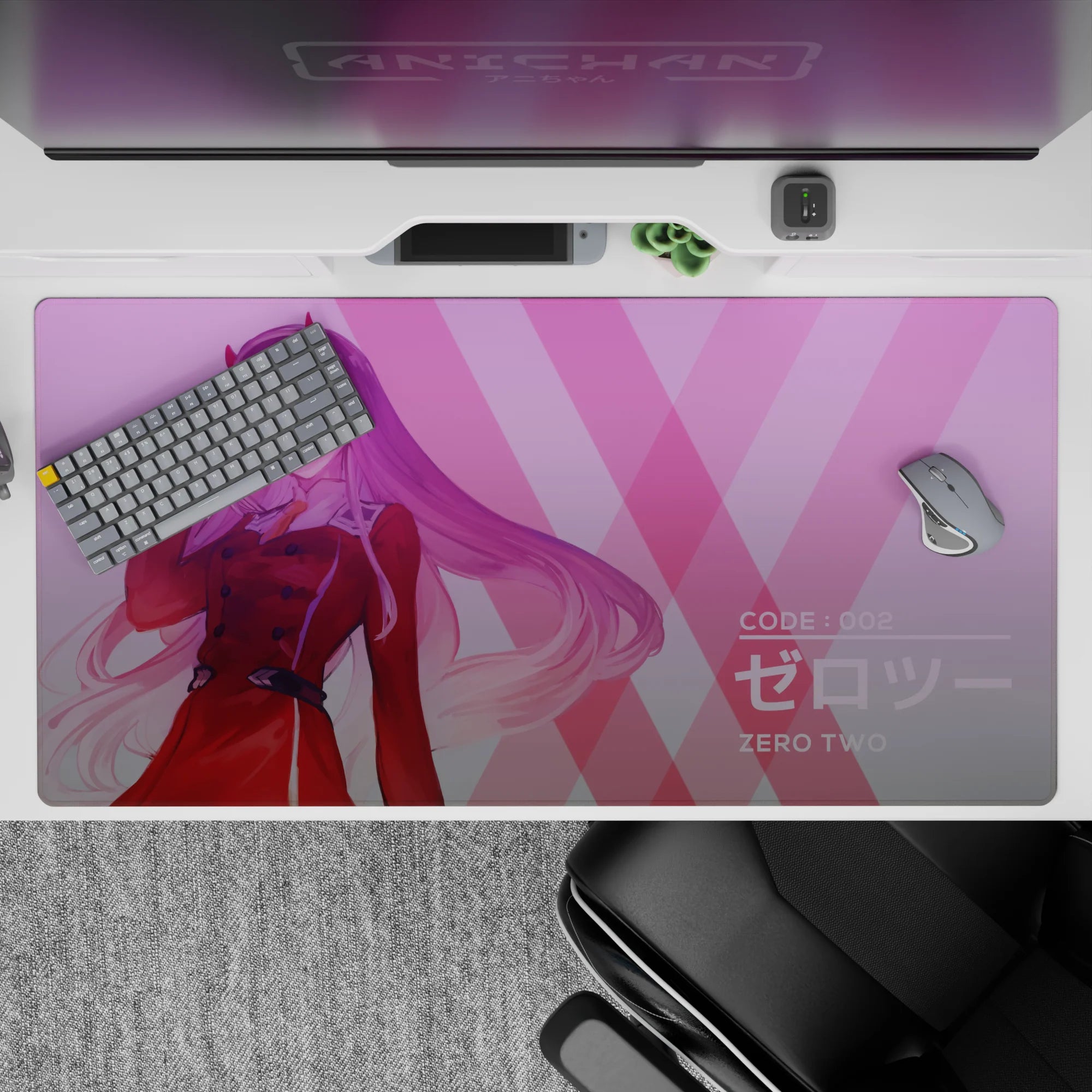 Dynamic 40x20 mouse pad transforms your workspace into a vibrant blend of elegance and energy, showcasing Zero Two’s iconic style with artistic flair for an immersive vibe