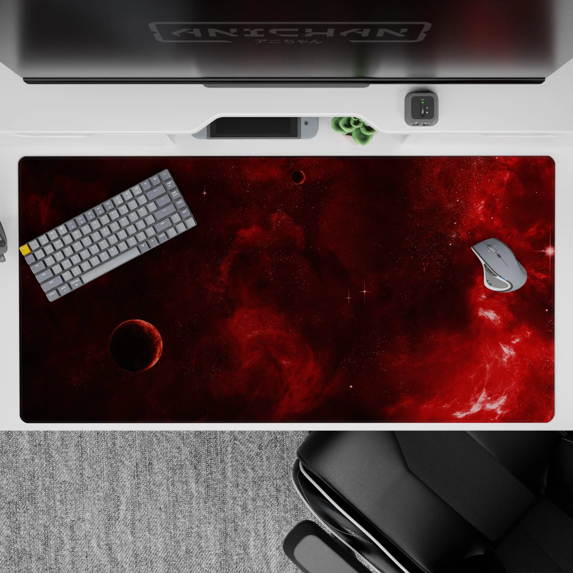 Crimson cosmic desk pad 40x20 inches with deep red nebula design and subtle planet detail for stylish workspace.