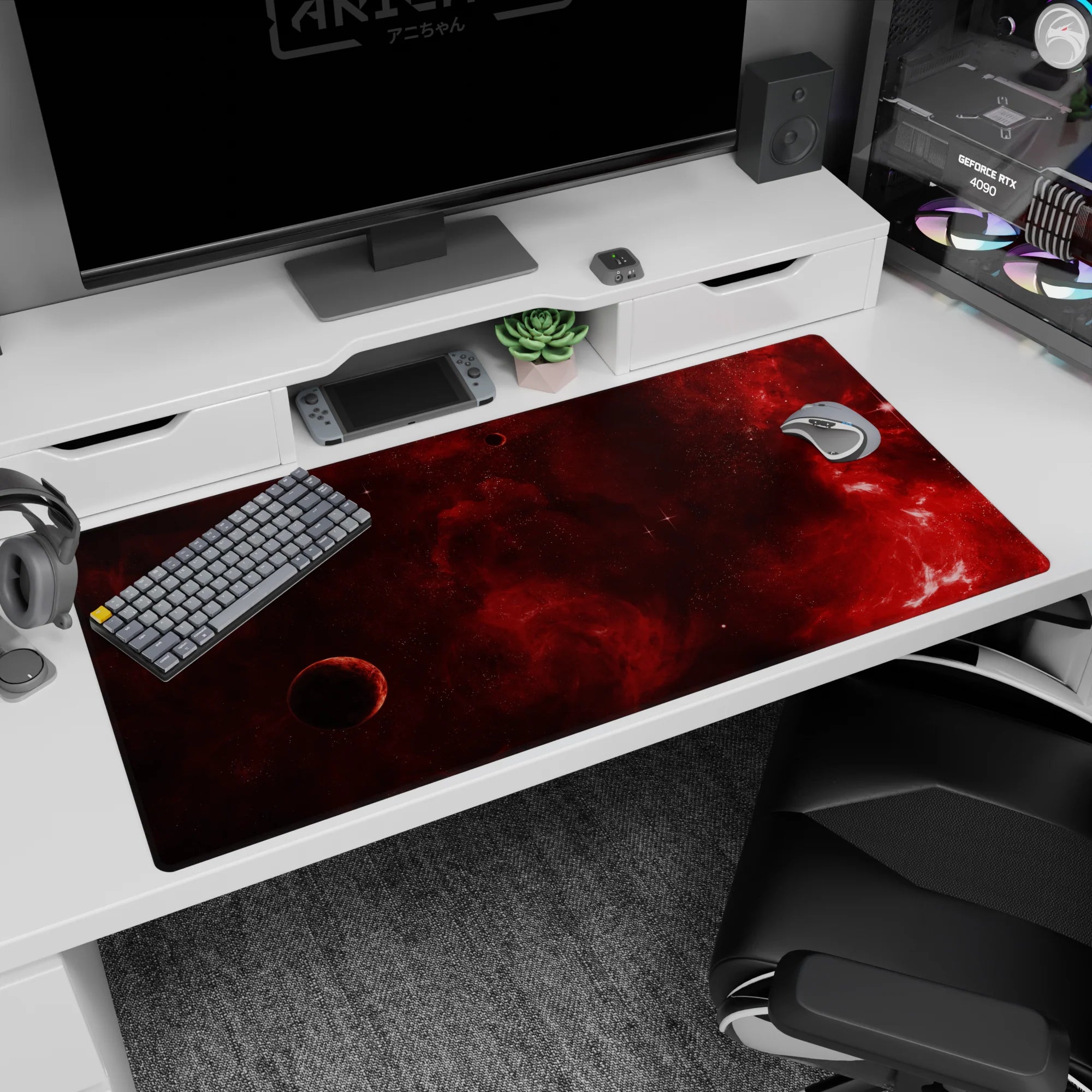 Crimson cosmic desk pad 40x20 inches featuring smoky red nebula, subtle black haze, and distant planet accents.