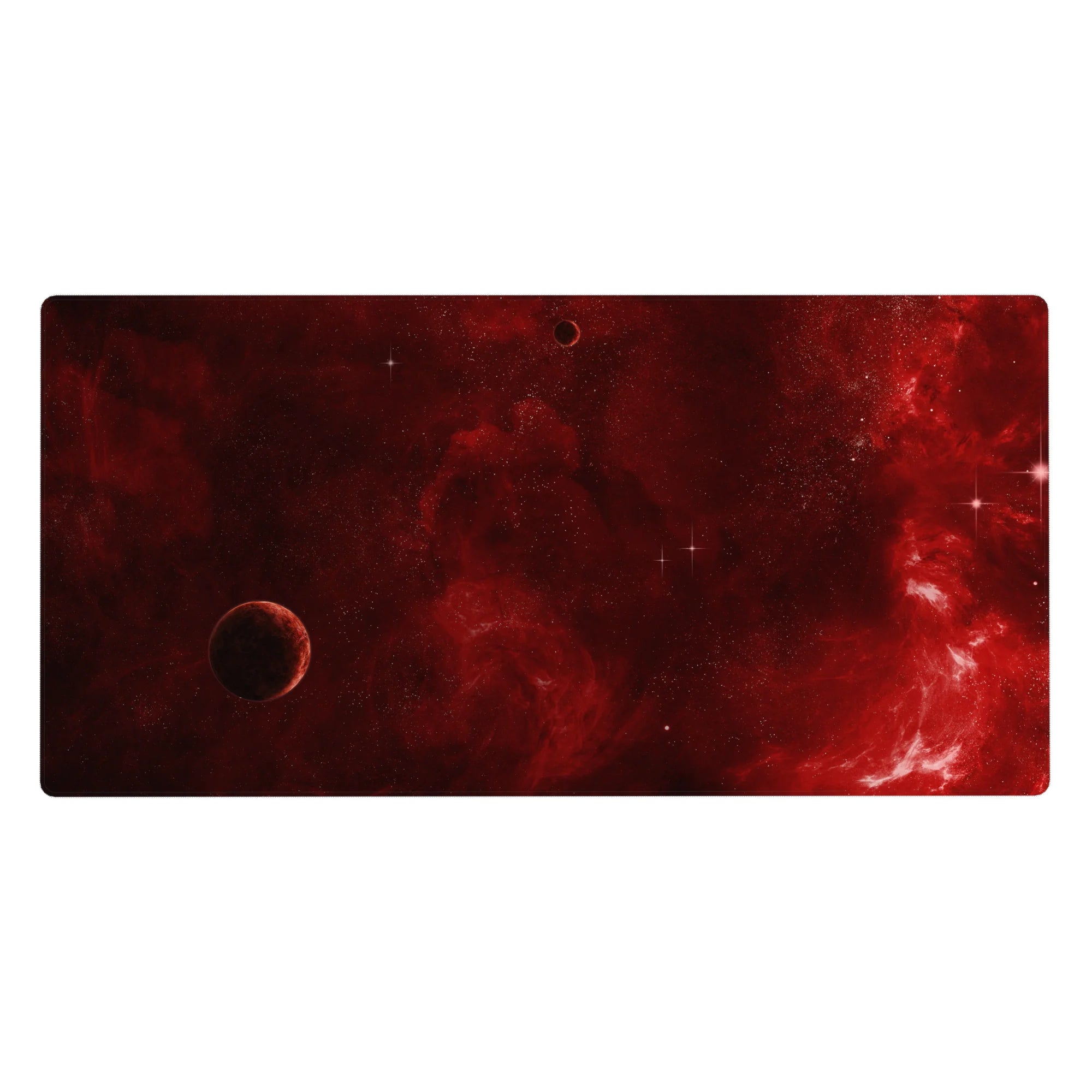 Crimson cosmic desk pad 40x20 inches with smoky nebula design, deep reds, maroons, and subtle space details.