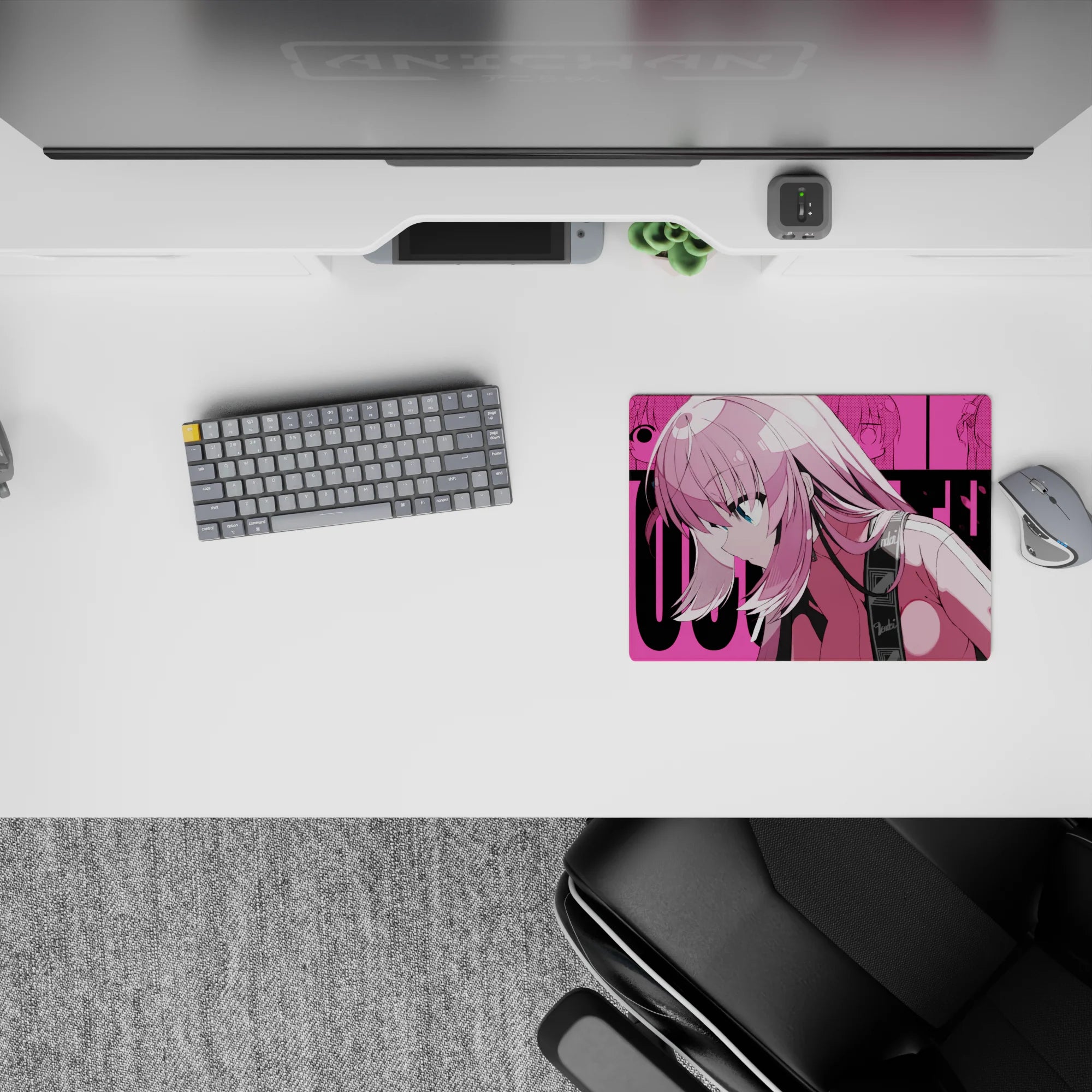 Neon pink and teal vibe anime girl mouse pad 14x10 inches, clean pop-art panels and rock energy.