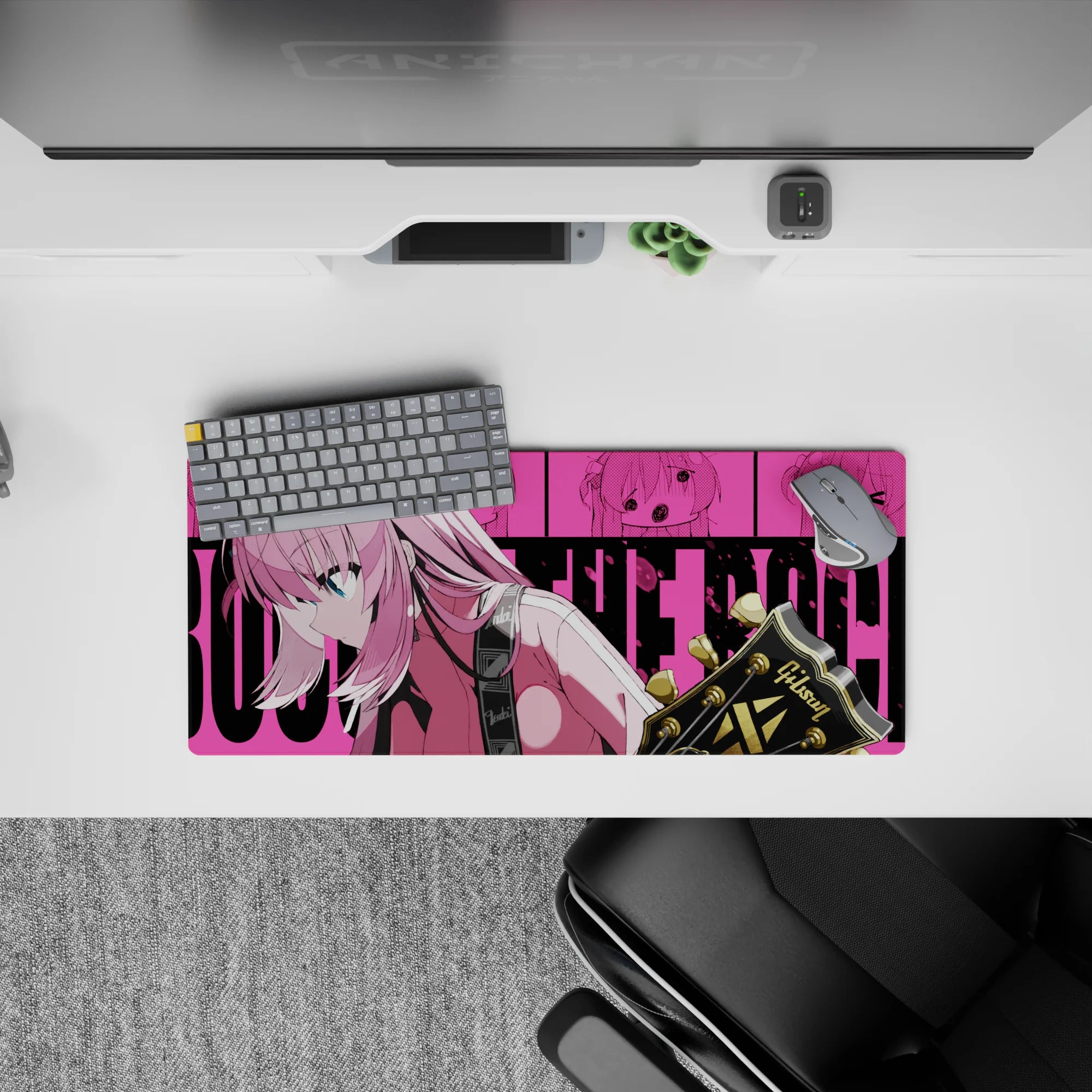 28x12 inches anime girl mouse pad in hot pink and teal tones, cute rock vibe, smooth tracking desk mat.