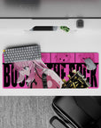 32x12 inches anime desk mouse pad in hot pink and teal, comic-pop background, clean rock vibe.
