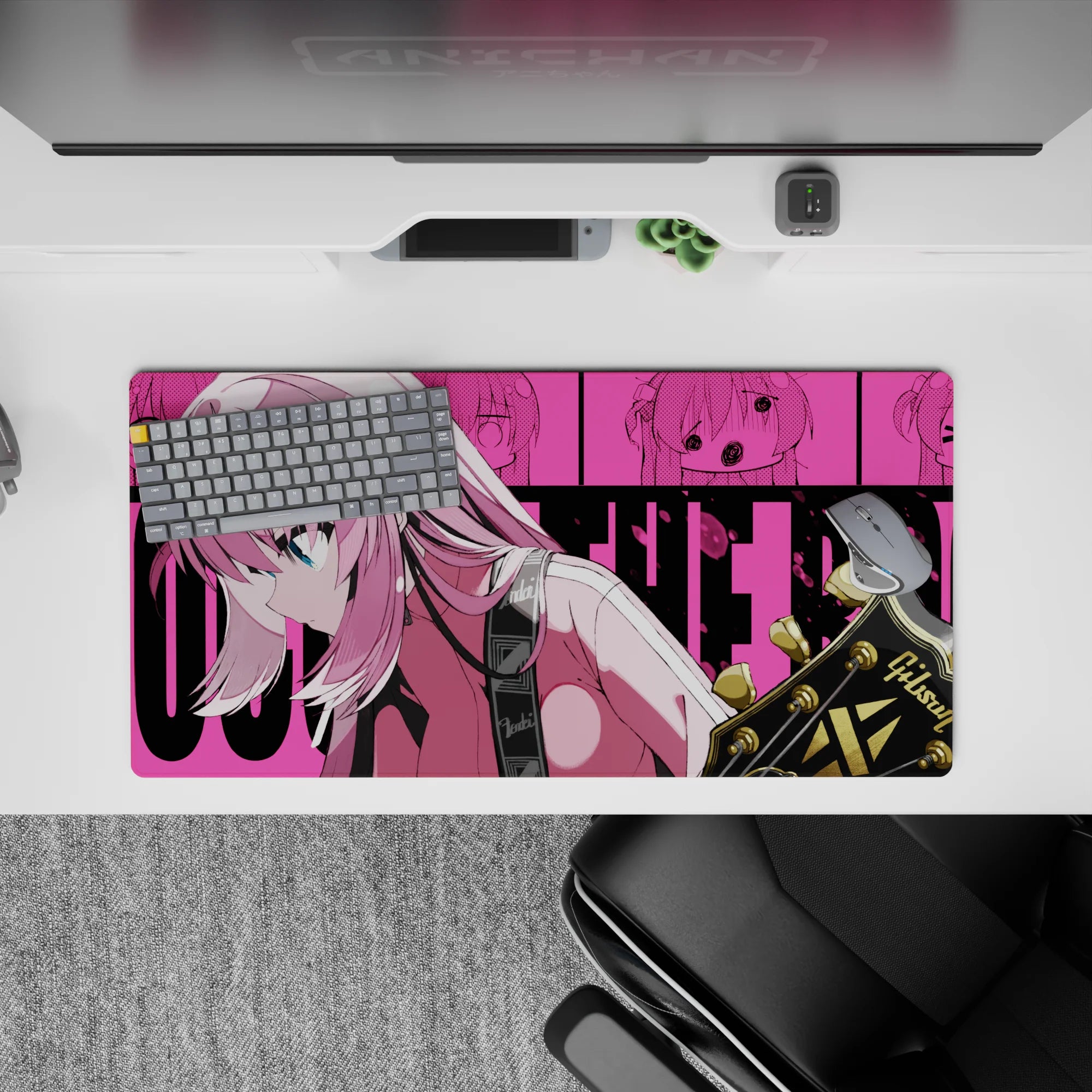 32x16 inches anime girl mouse pad in hot pink and teal, comic-panel background, clean cute rock vibe.