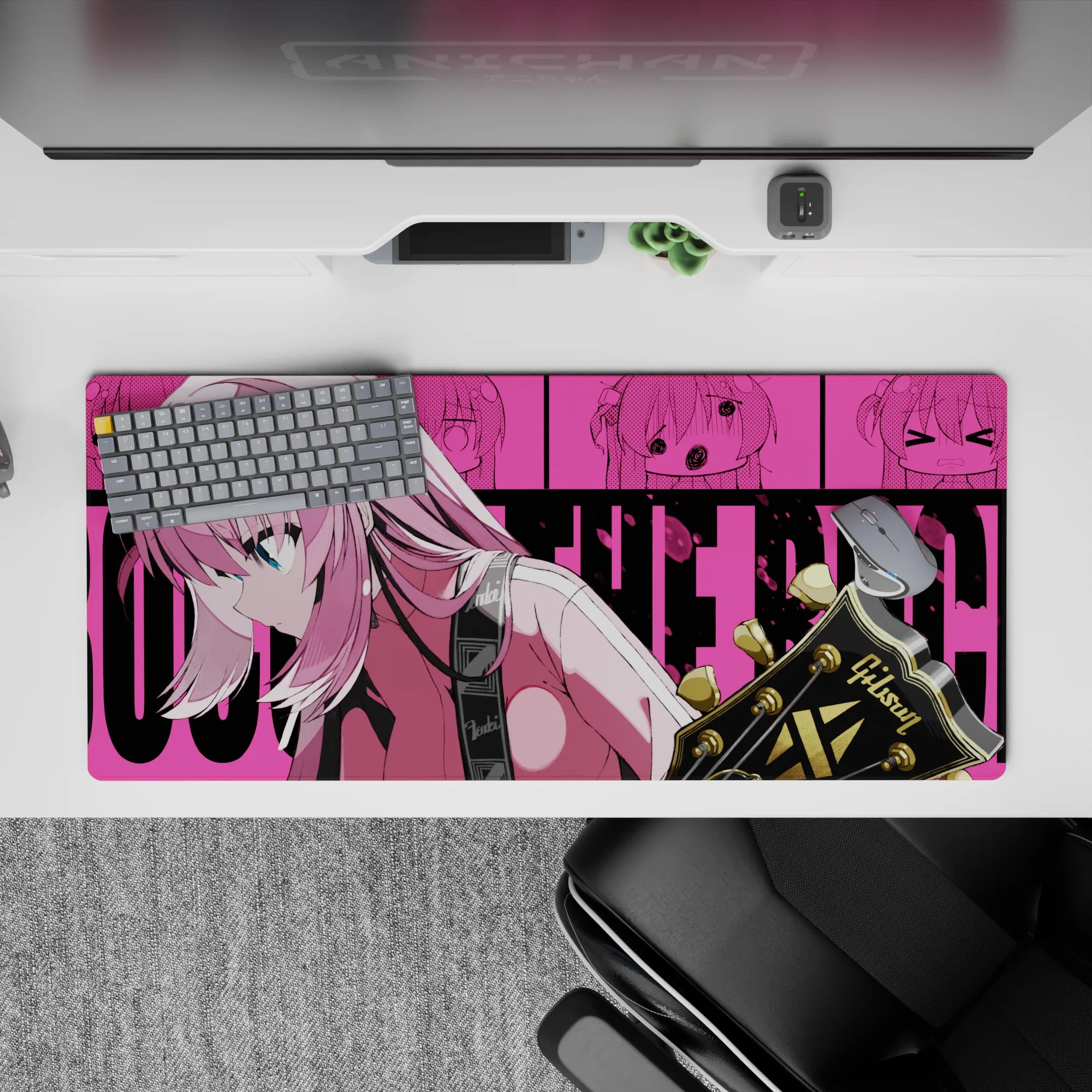 Neon pink anime desk pad 36x16 inches with teal-eyed rocker vibe, clean comic panels, smooth tracking.