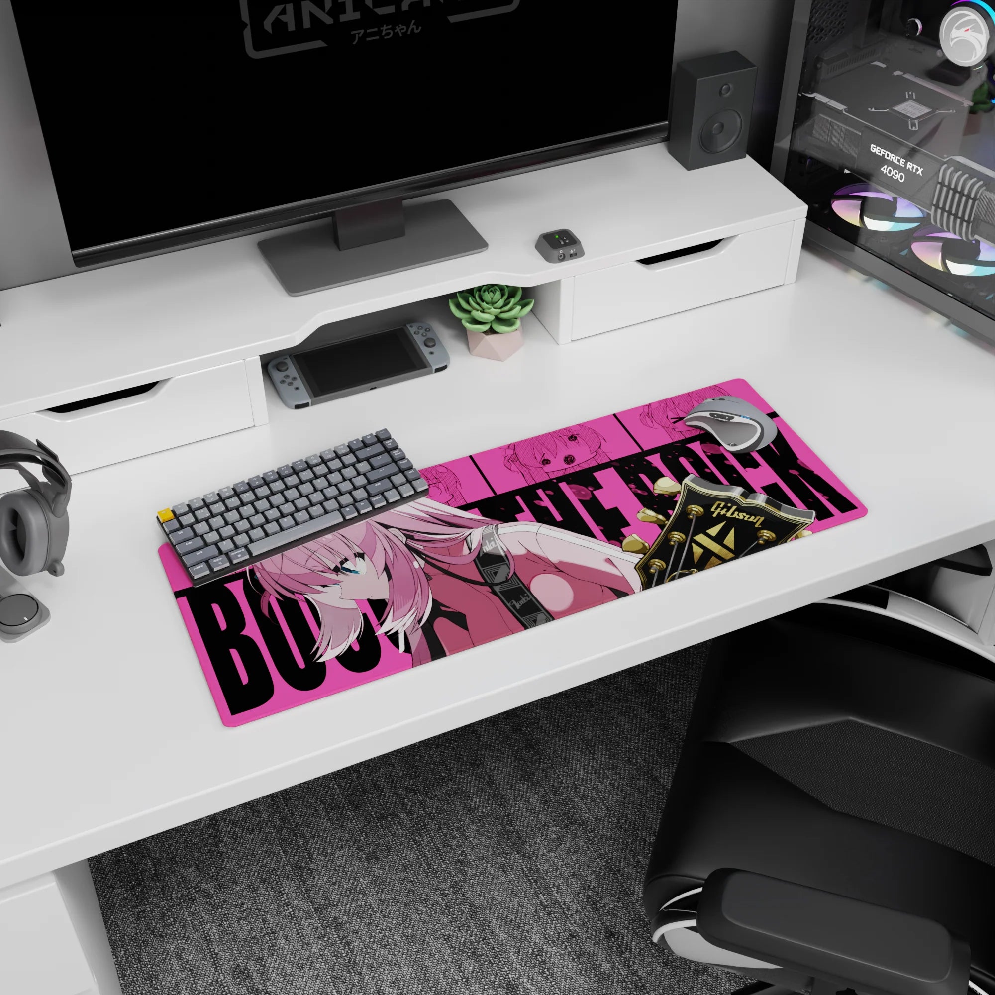 32x12 inches extended mouse pad showing focused anime guitarist leaning forward beside a black-and-gold headstock.