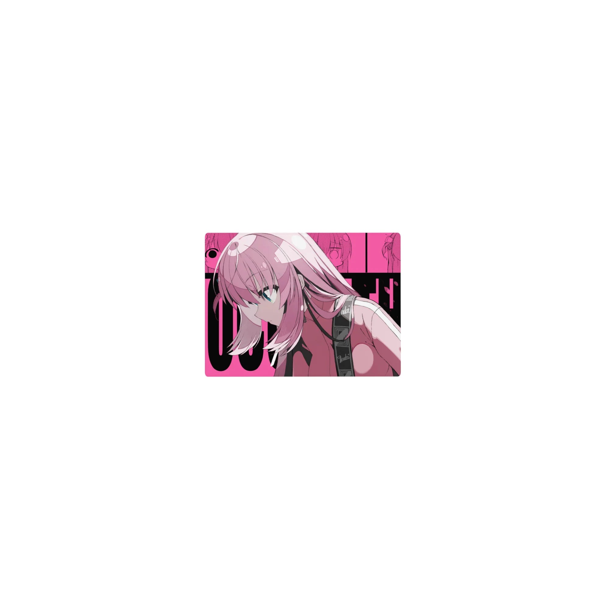 Classic anime girl mouse pad 14x10 inches with pink-haired guitarist and Gibson headstock, comic backdrop.