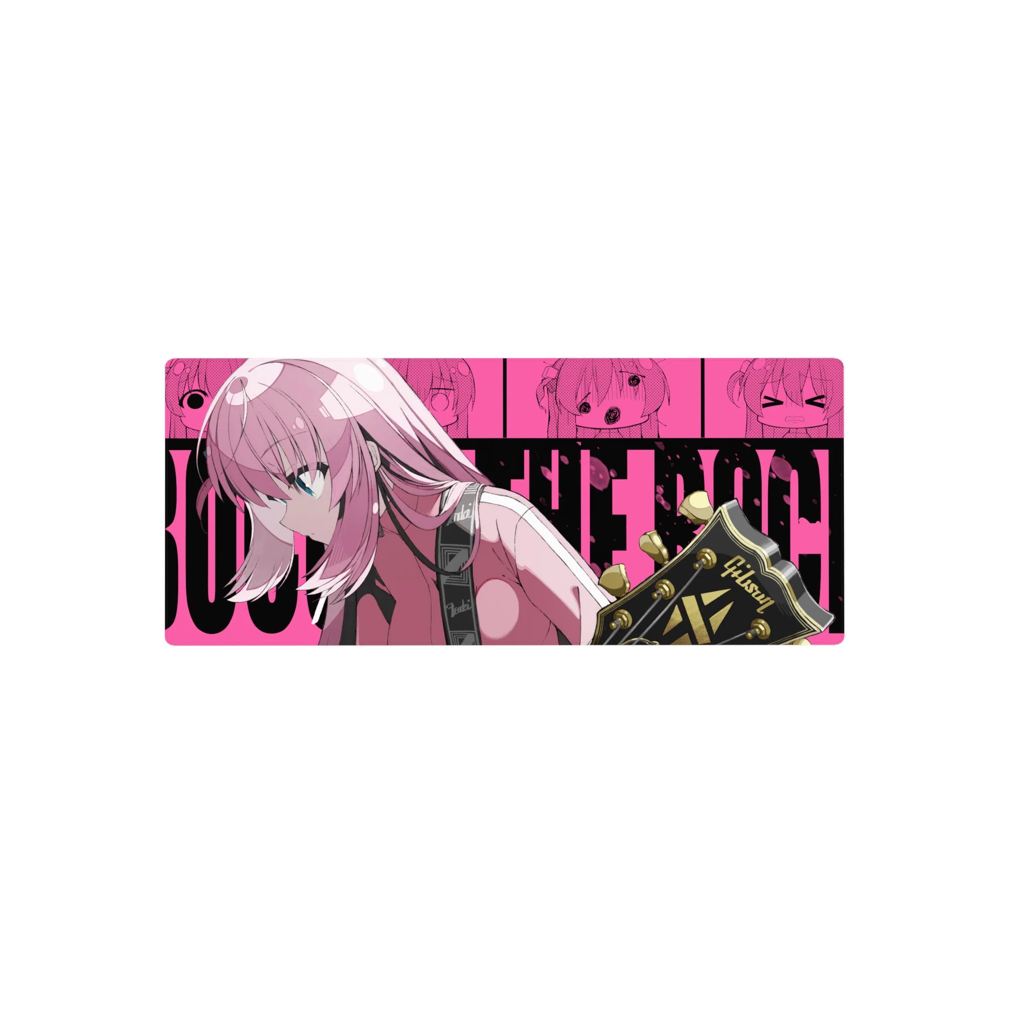 28x12 inches anime girl mouse pad with pink-haired guitarist, Gibson headstock, hot pink comic poster wall.