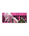 28x12 inches anime girl mouse pad with pink-haired guitarist, Gibson headstock, hot pink comic poster wall.