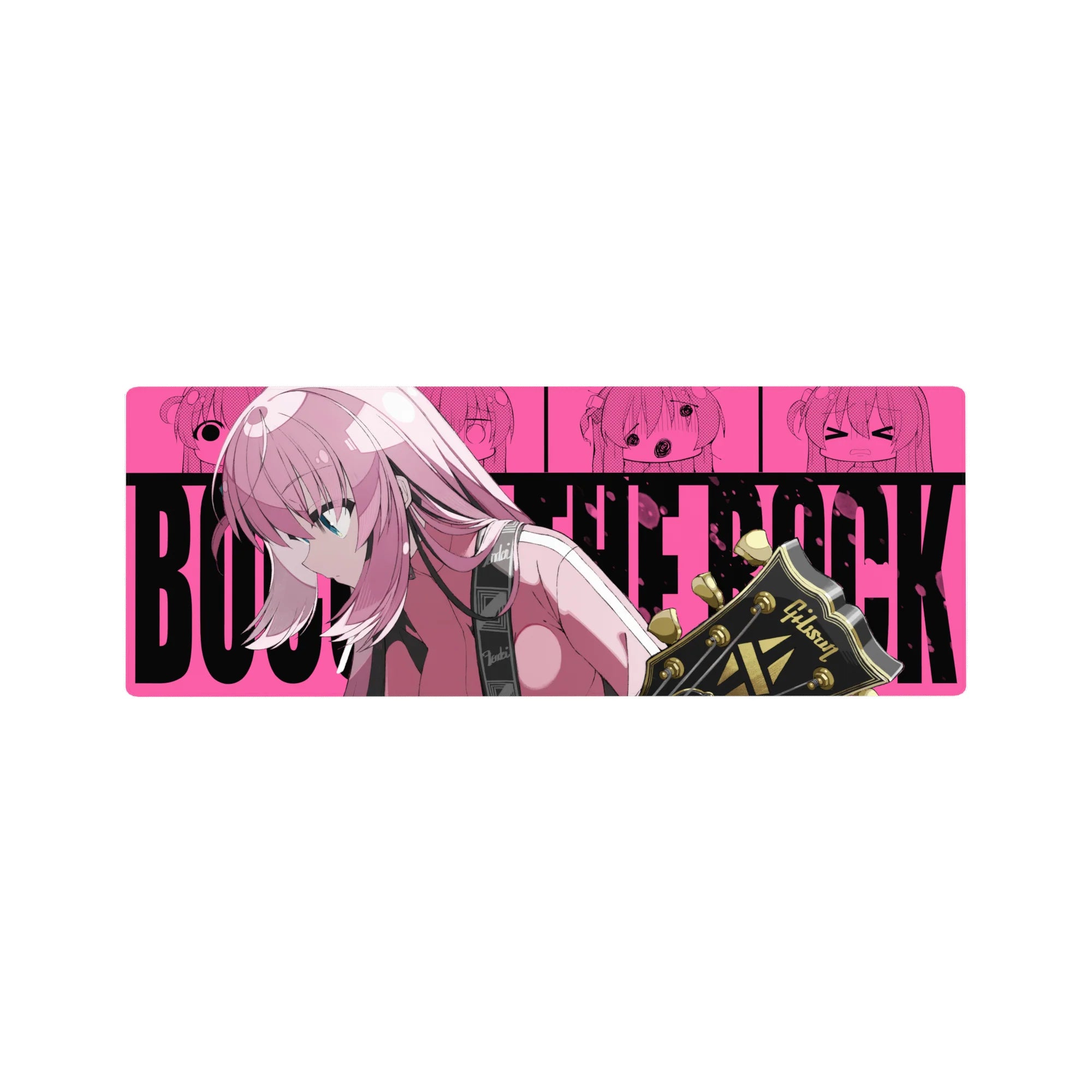 32x12 inches anime girl mouse pad with pink-haired guitarist, teal eyes, and Gibson headstock poster backdrop.