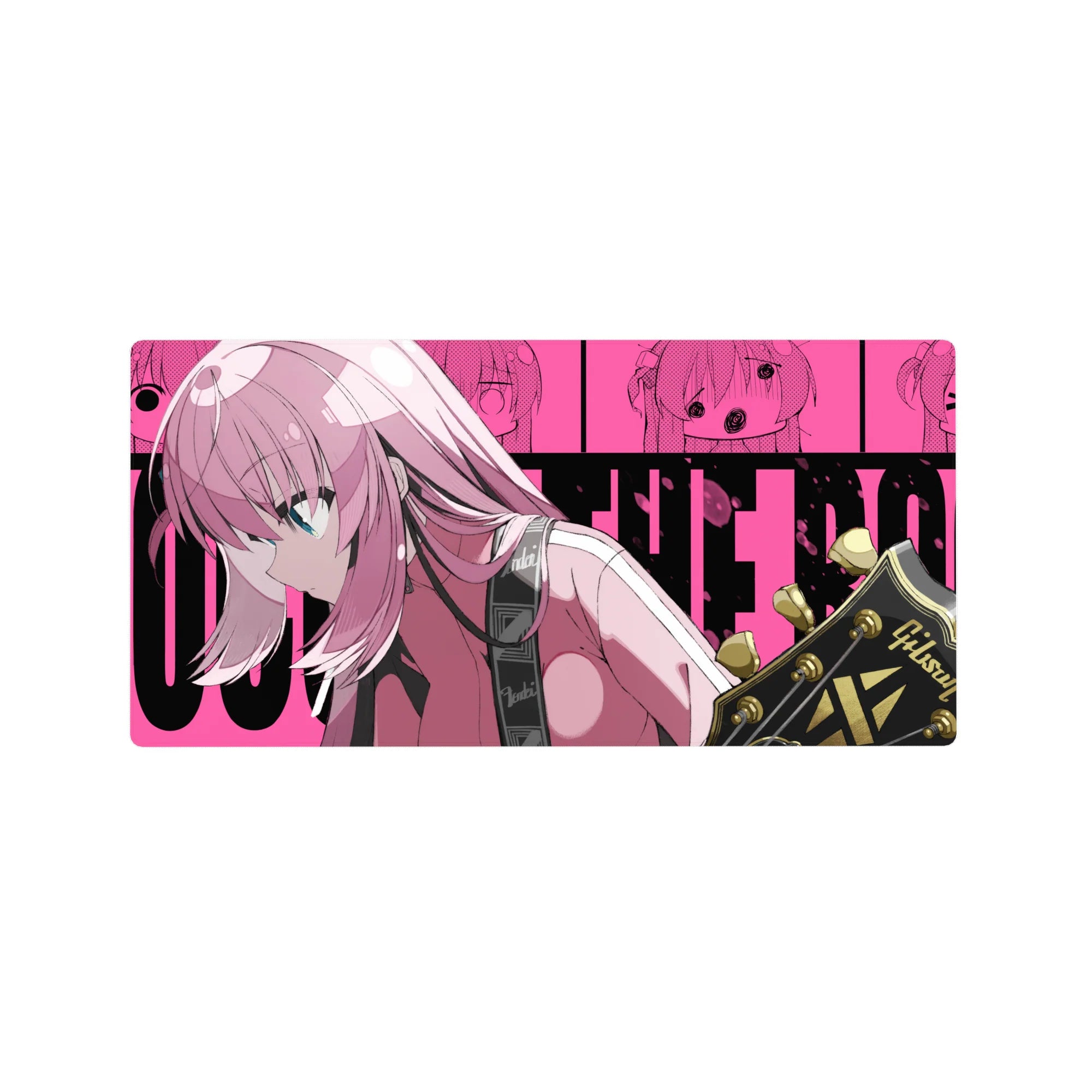32x16 inches anime girl mouse pad with pink-haired guitarist and black-gold Gibson headstock poster backdrop.