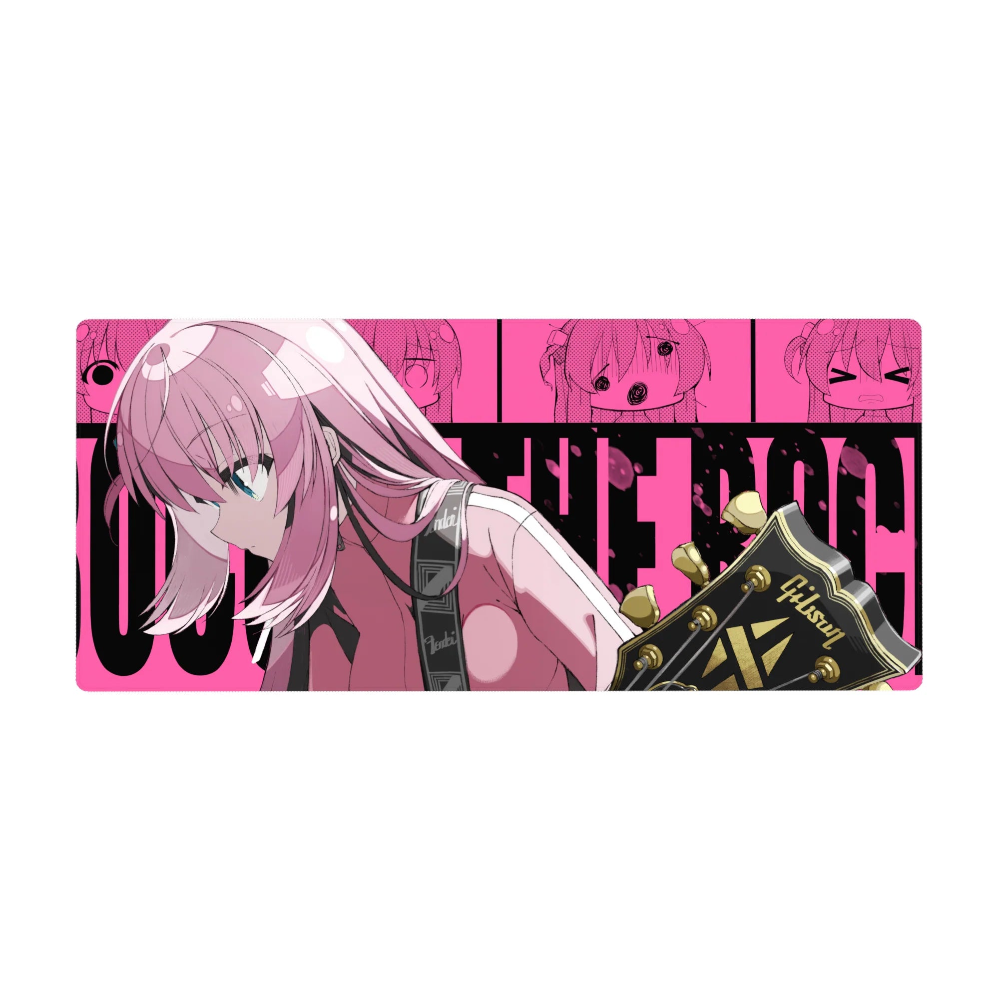 Anime girl desk pad 36x16 inches with pink-haired guitarist, teal eyes, and Gibson headstock poster wall.