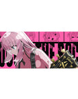 Anime girl desk pad 36x16 inches with pink-haired guitarist, teal eyes, and Gibson headstock poster wall.