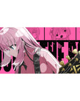 Anime girl guitarist desk pad 40x20 inches with pink hair, teal eyes, and black-gold guitar headstock.