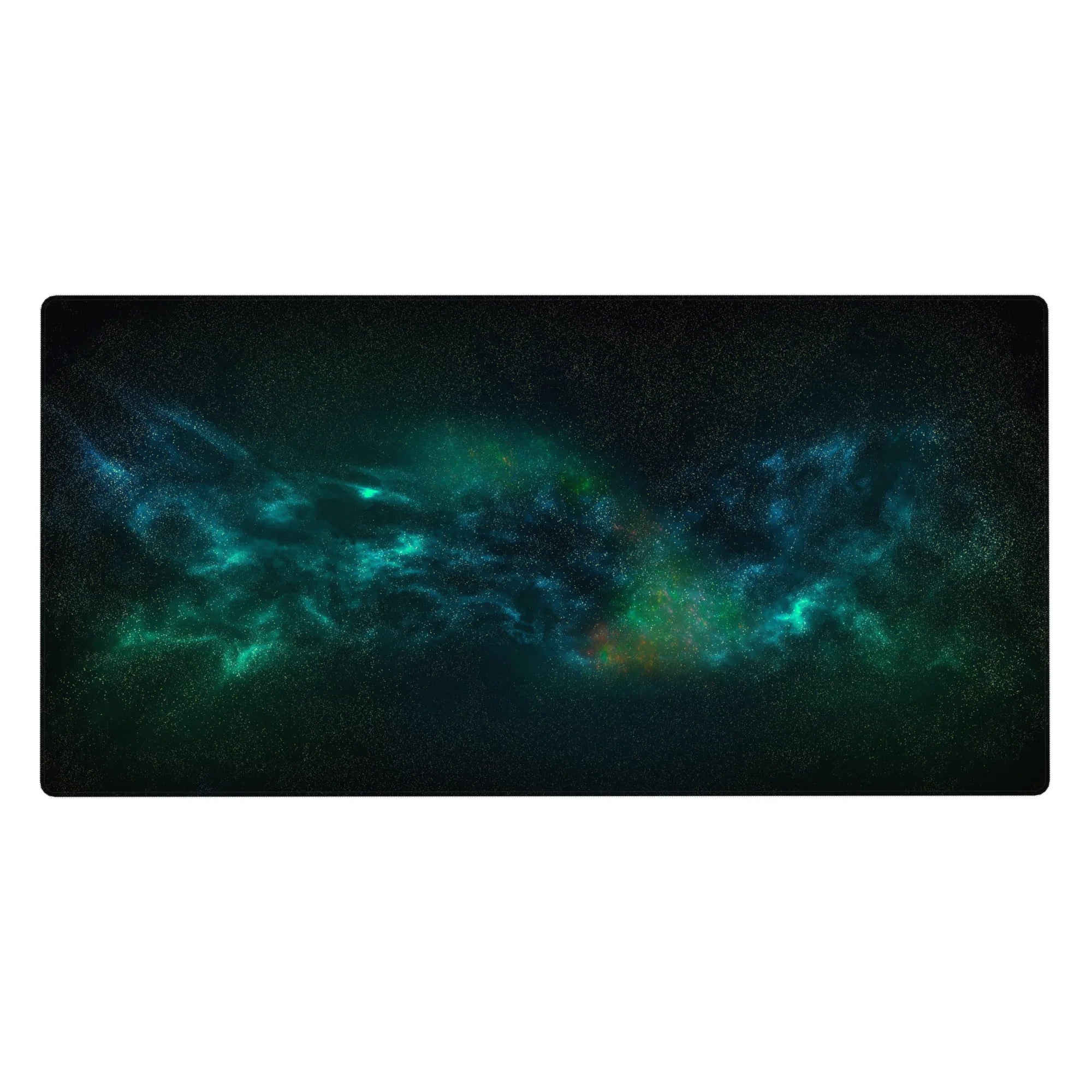 Cosmic-themed desk pad 40x20 inches with teal and blue nebula design, smooth surface for comfortable workspace.