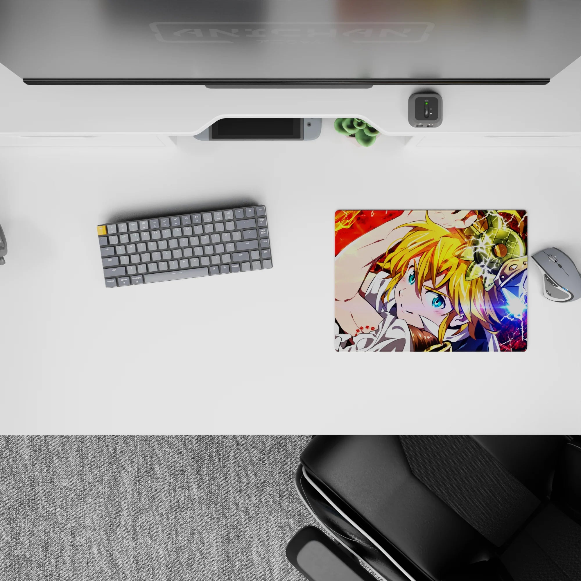 14x10 inches anime mouse pad with blazing red background, blonde hair, blue eyes, and chaotic energy.