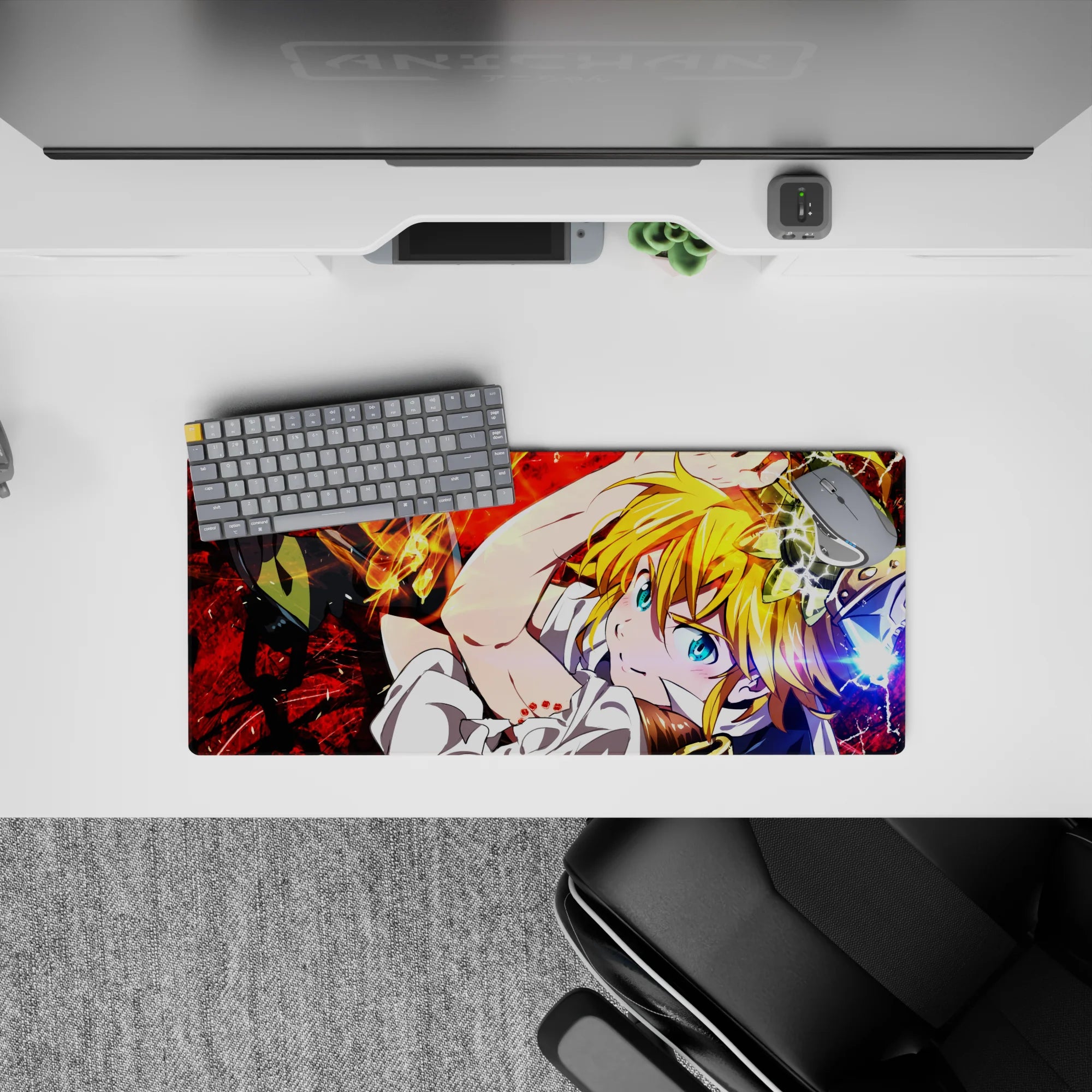 Anime mouse pad 28x12 inches with blazing red energy, bright blue eyes, and chaotic hero vibe.