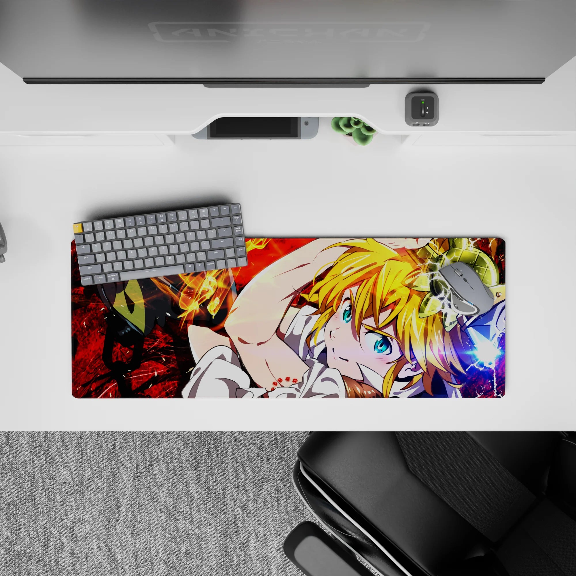 32x12 inches anime mouse pad in bold red, blonde, black, and white with chaotic hero energy.