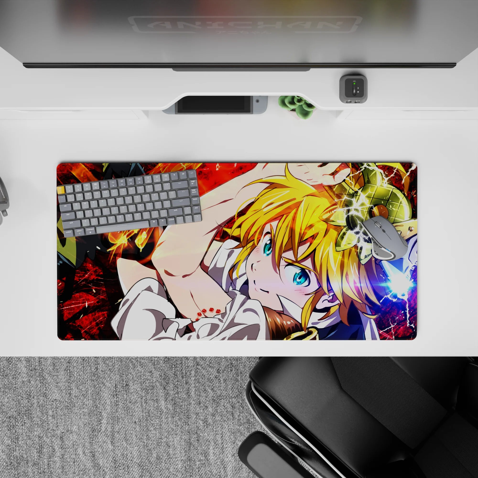 32x16 inches anime mouse pad with blazing blond hair, vivid red energy, and a fast chaotic vibe.