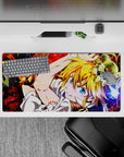 32x16 inches anime mouse pad with blazing blond hair, vivid red energy, and a fast chaotic vibe.