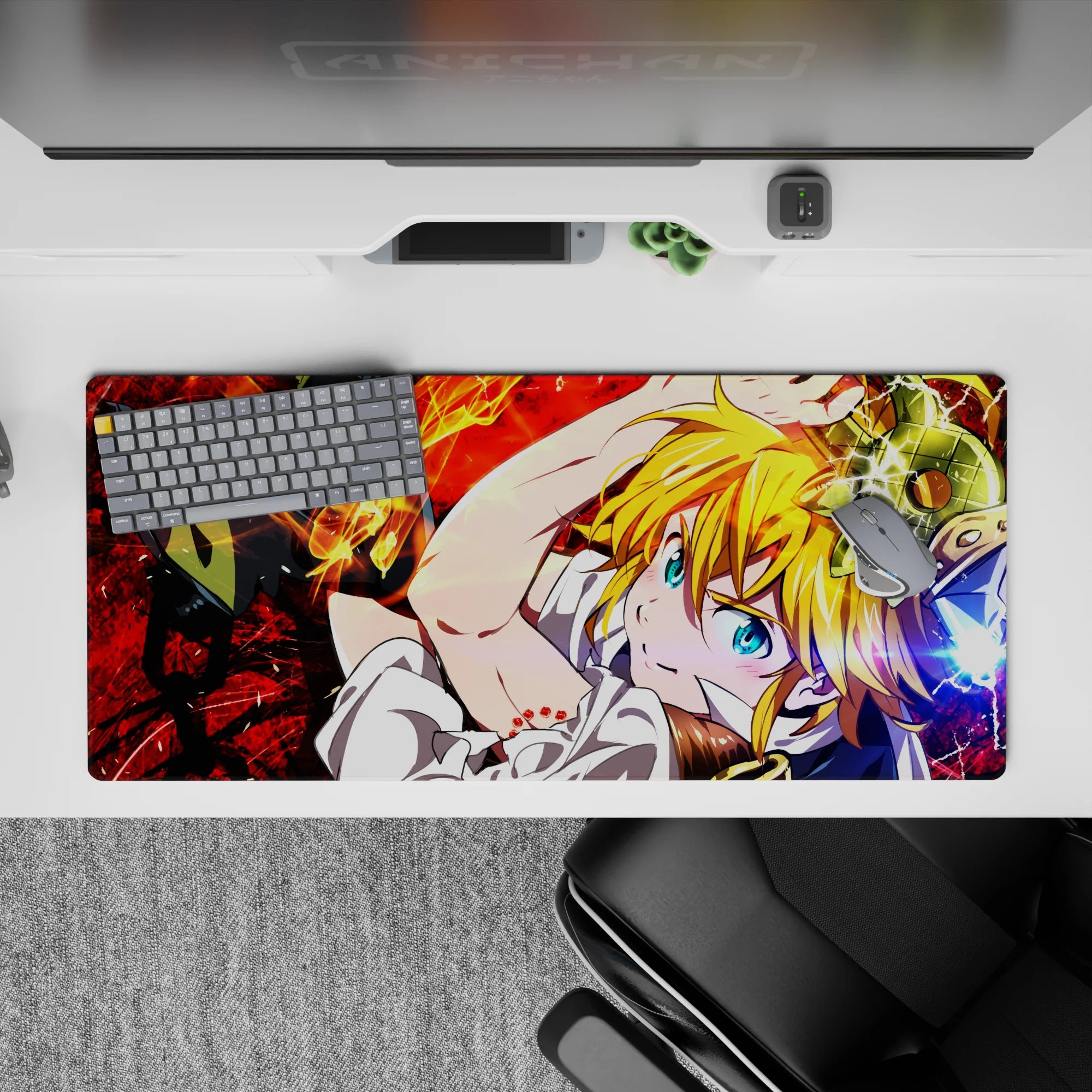 36x16 inches anime desk pad with blazing red energy, bright blue eyes, and a chaotic hero vibe.