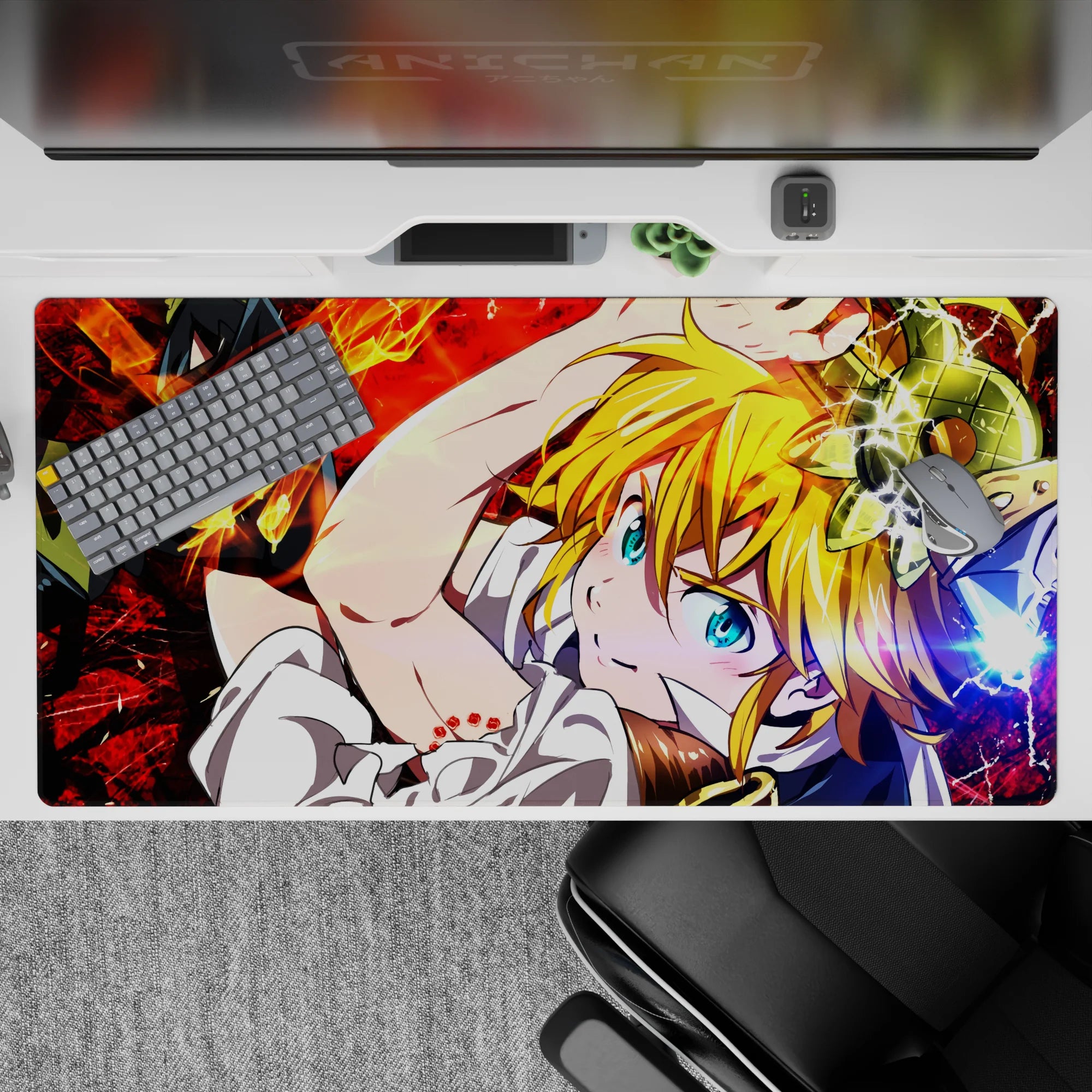 40x20 inches anime desk pad with vivid red energy, bright blue eyes, and a fast chaotic hero vibe.