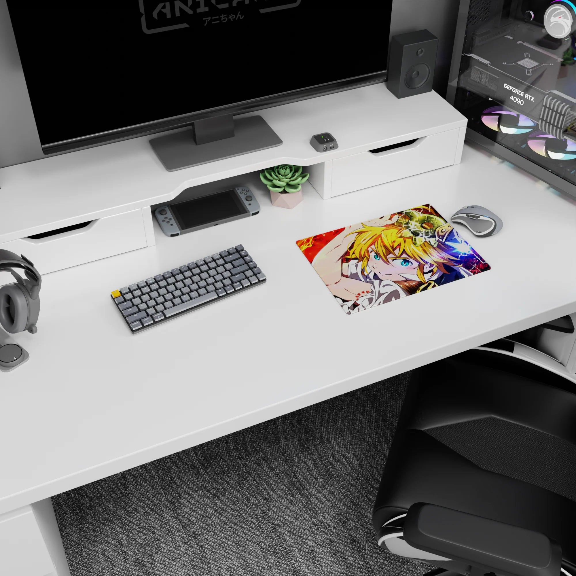 Meliodas Seven Deadly Sins mouse pad 14x10 inches with cheeky grin, tilted pose, and crackling red scene.
