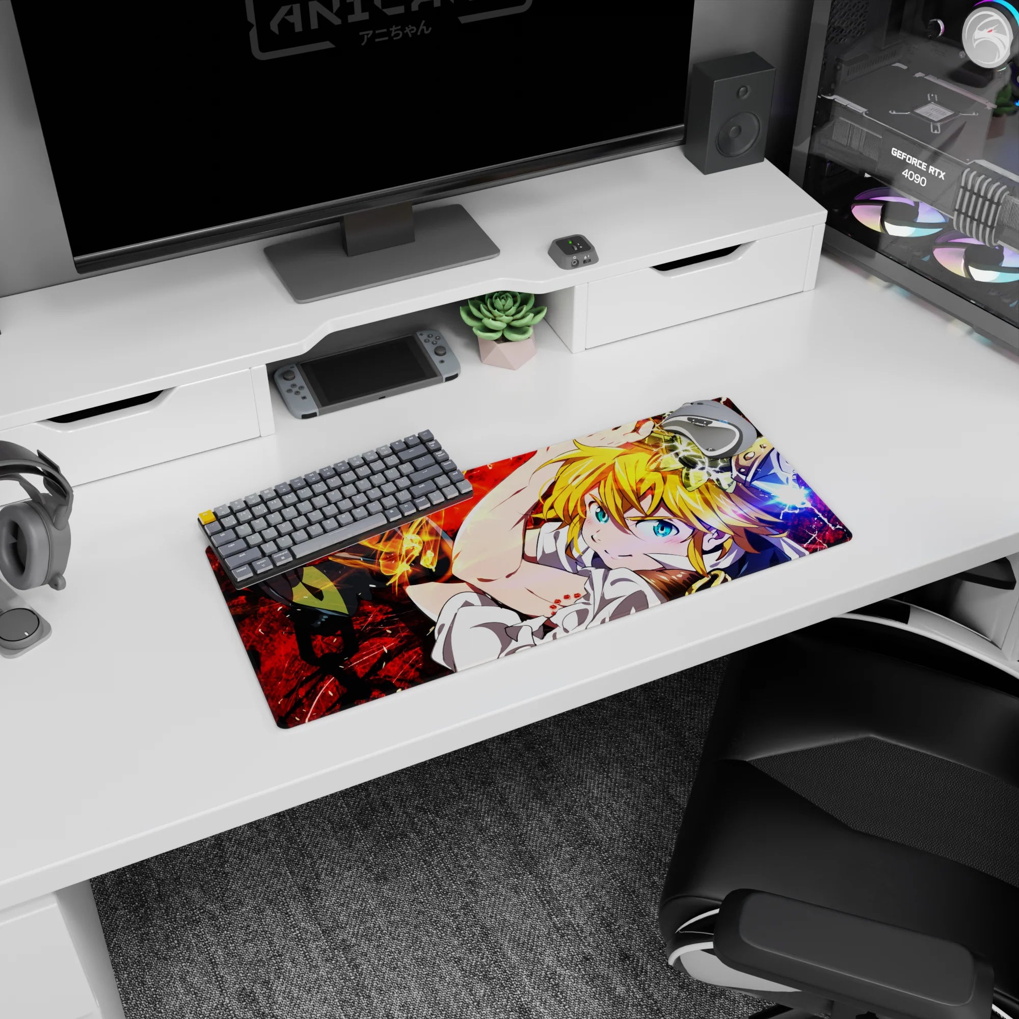 The Seven Deadly Sins Meliodas mouse pad, 28x12 inches, cheeky grin and tilted action scene.