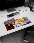 The Seven Deadly Sins Meliodas mouse pad, 28x12 inches, cheeky grin and tilted action scene.