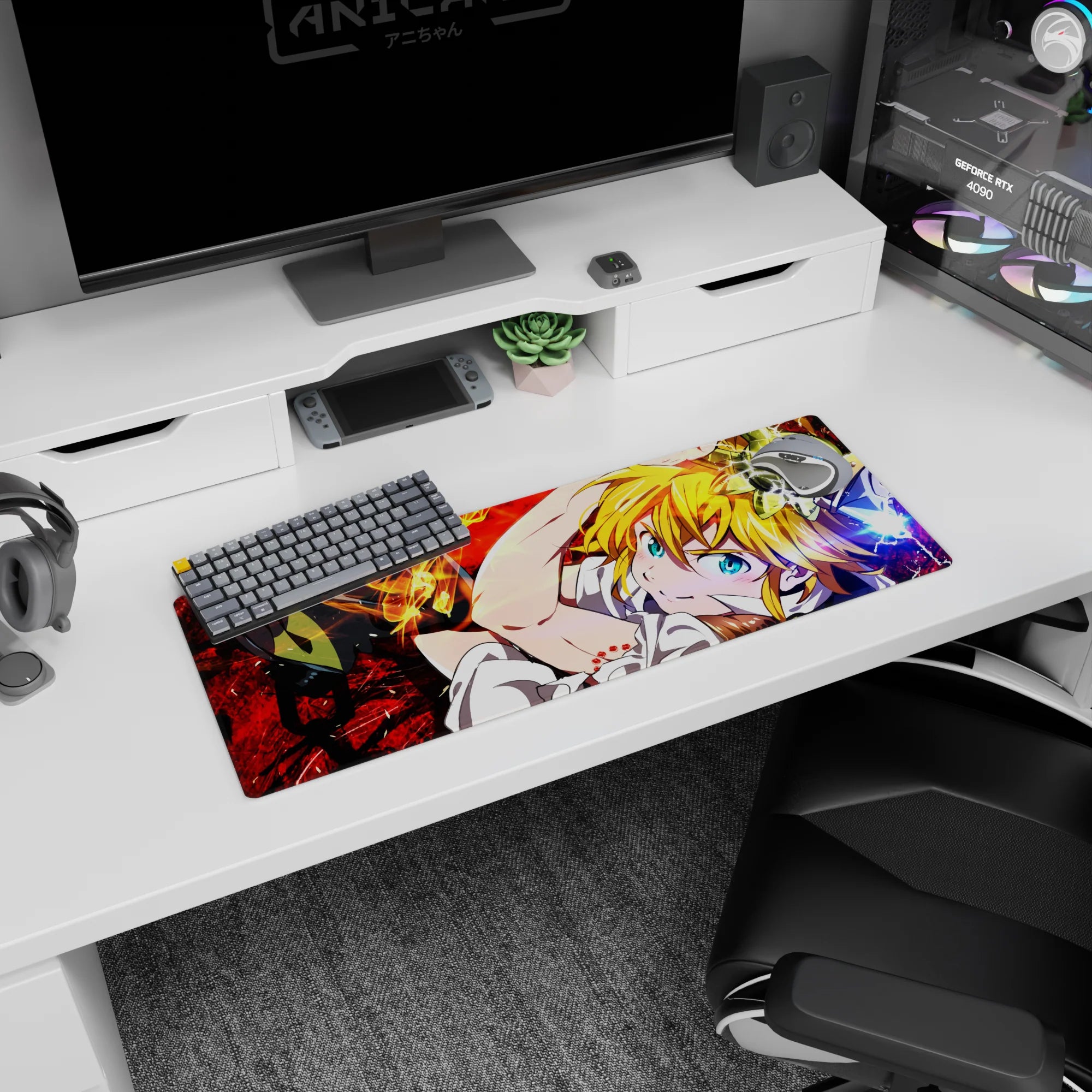 Meliodas anime mouse pad 32x12 inches with blue eyes, cheeky grin, and blazing red background.