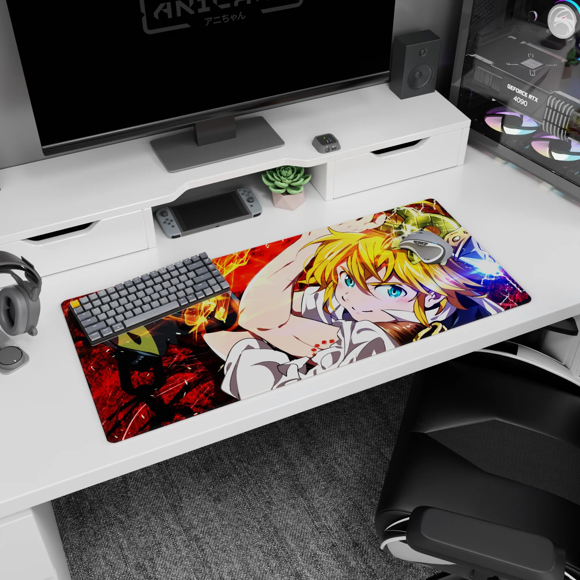 Meliodas Seven Deadly Sins desk pad 36x16 inches with cheeky grin, tilted pose, and crackling red scene.