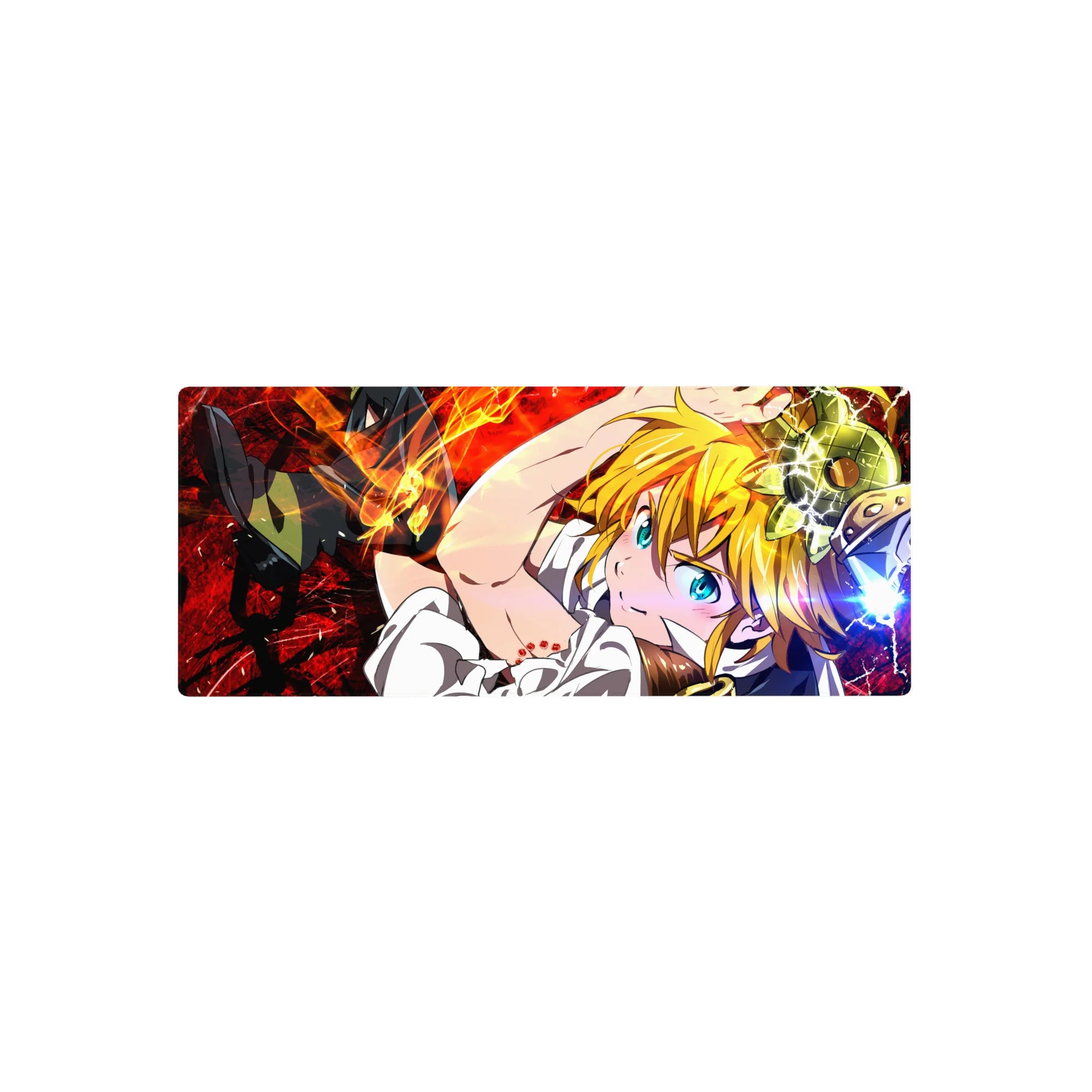 Meliodas anime mouse pad, 28x12 inches, red crackling backdrop with bold armor and dynamic pose.