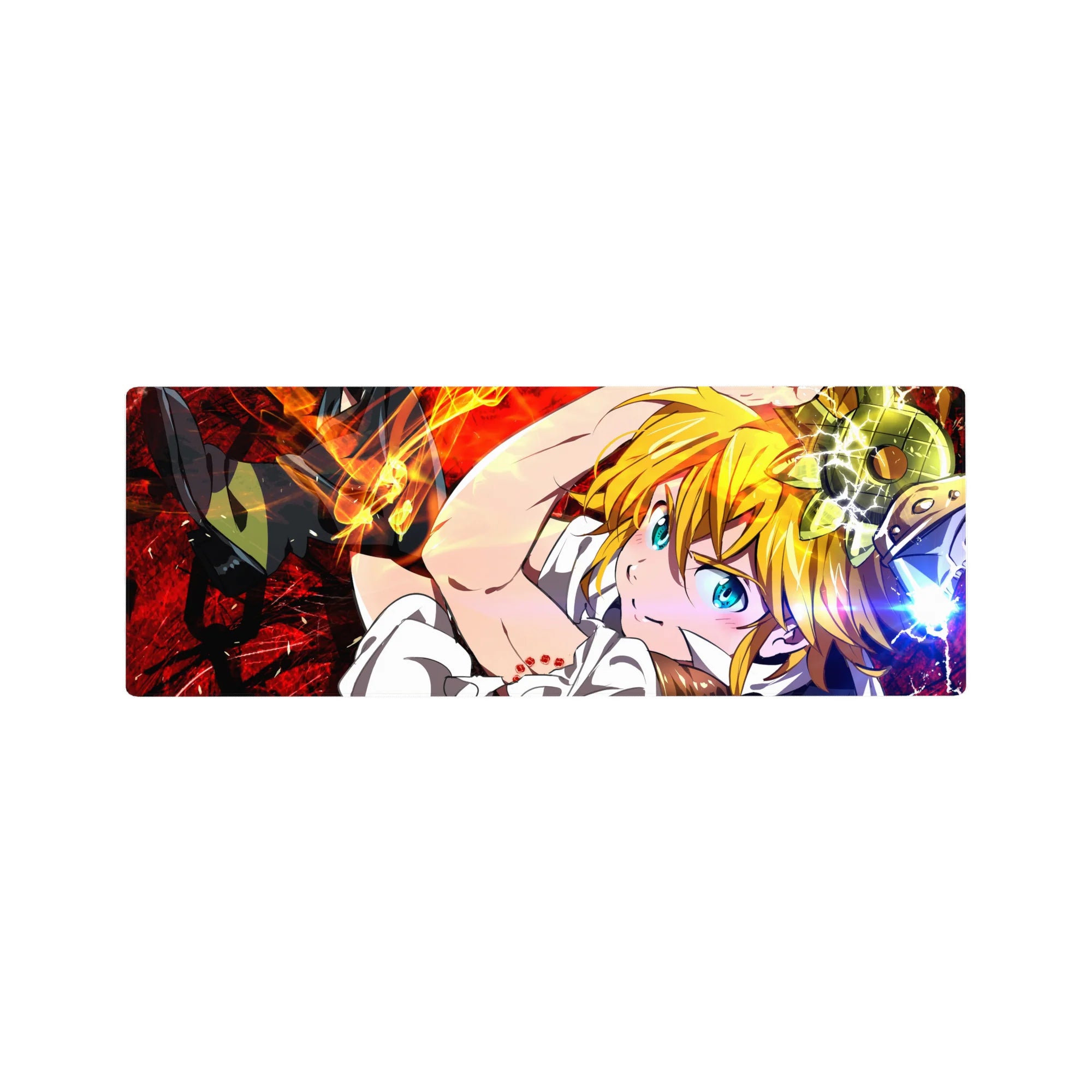 Anime mouse pad 32x12 inches with Meliodas, red crackling backdrop, armor accents, and dynamic pose.