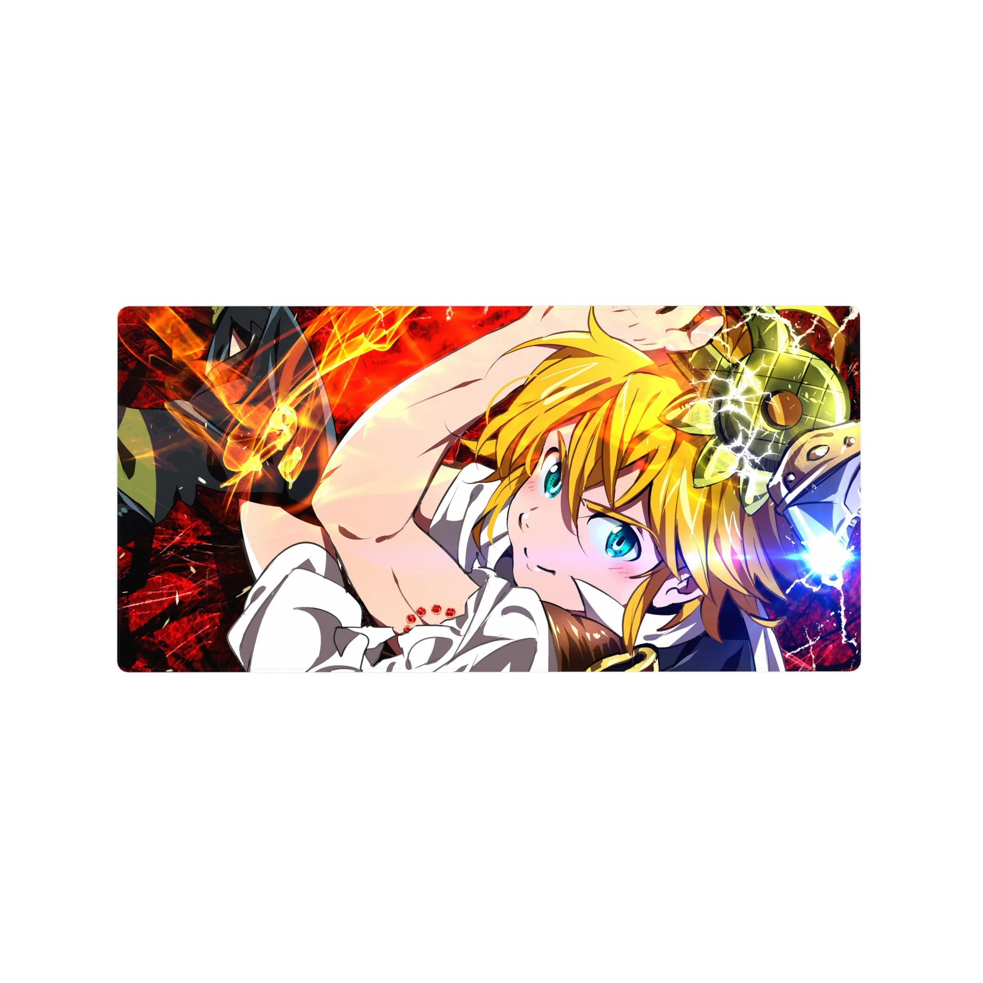 Anime mouse pad 32x16 inches with Meliodas, red crackling backdrop, blue eyes, and armor details.