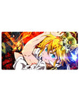 Anime mouse pad 32x16 inches with Meliodas, red crackling backdrop, blue eyes, and armor details.