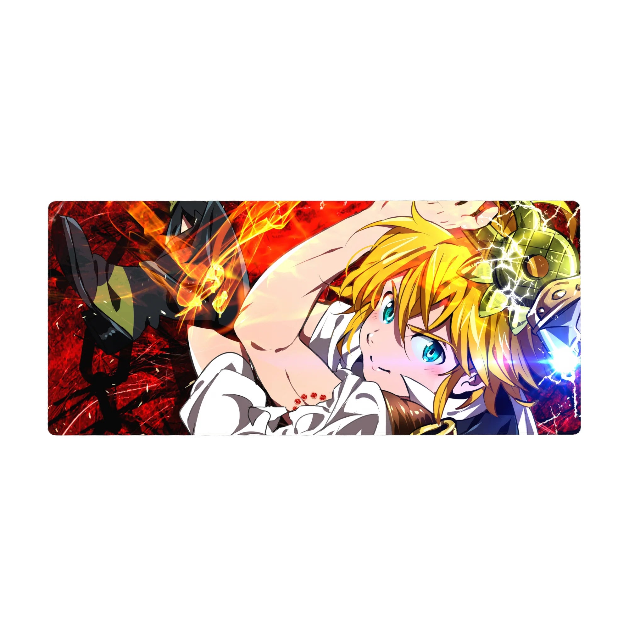 Anime desk pad 36x16 inches featuring Meliodas with blonde hair, armor accents, and a dynamic red backdrop.