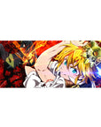 Anime desk pad 36x16 inches featuring Meliodas with blonde hair, armor accents, and a dynamic red backdrop.
