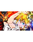 Meliodas anime desk pad 40x20 inches with red crackling backdrop, blonde hair, and bold armor details.