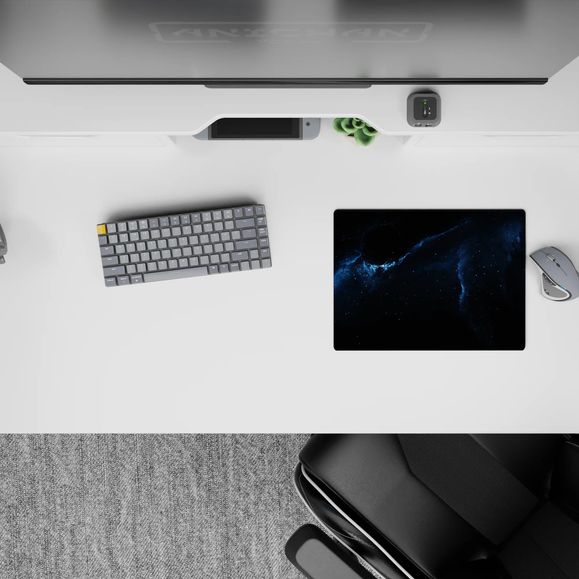 Inky black to stormy blue mouse pad with calming deep-space vibe, 14x10 inches.