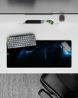 Deep space mouse pad in inky black and stormy blue tones, calm late-night vibe, 28x12 inches.