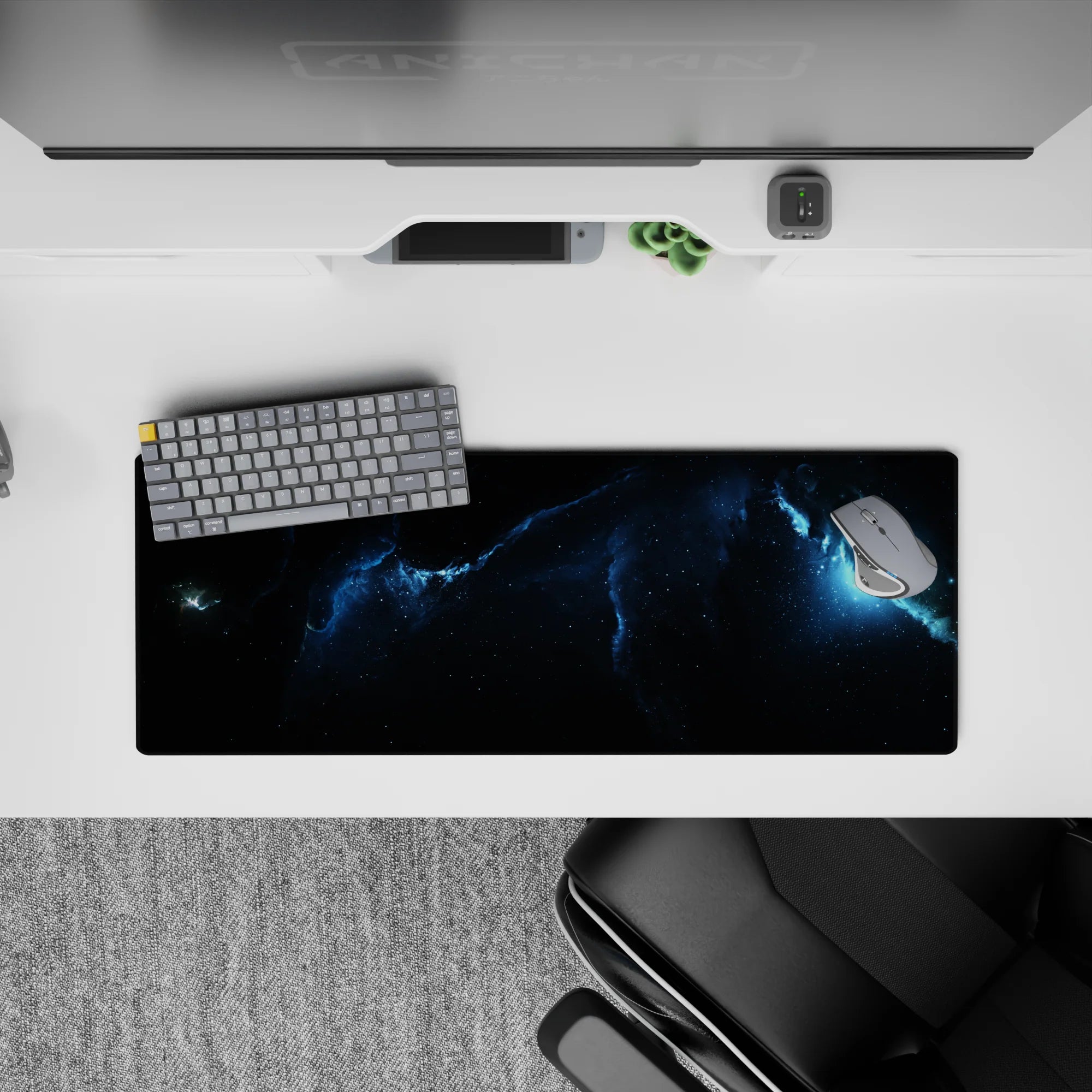 Calm deep-space gradient mouse pad in inky black and stormy blue, 32x12 inches.