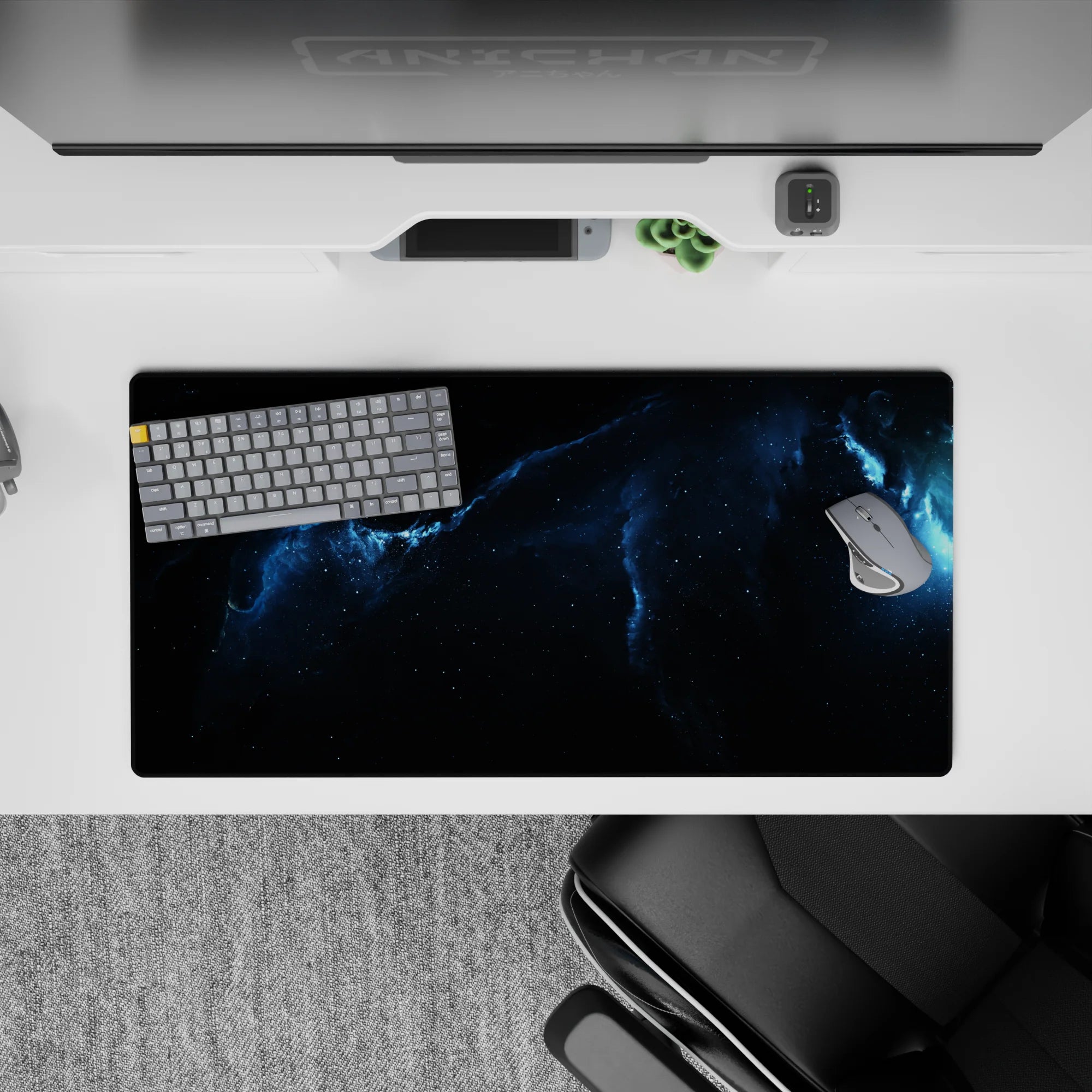 Calm dark space mouse pad 32x16 inches in inky blacks and stormy blues for late-night focus.
